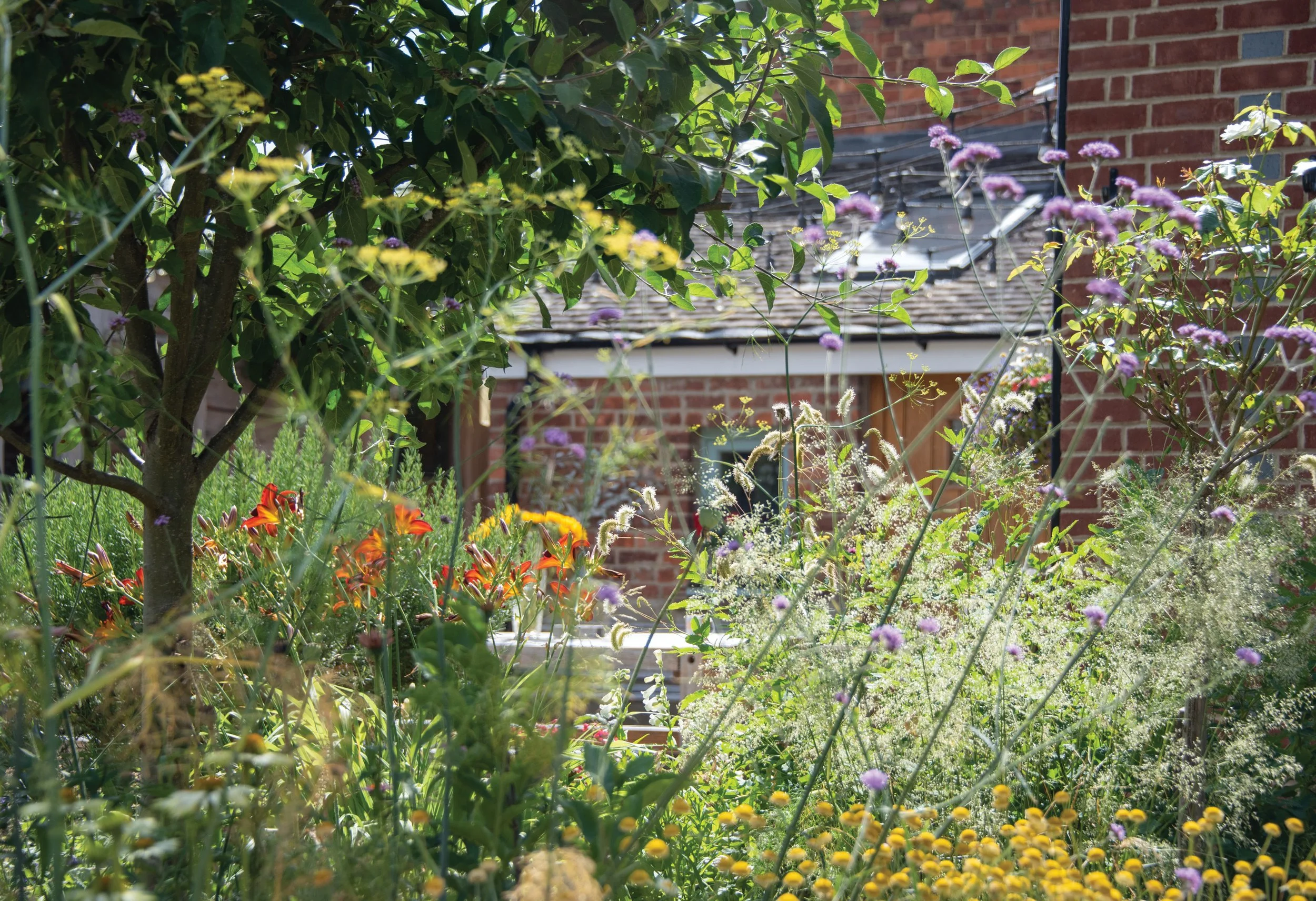 Abundant summer planting creating a loose, colourful contrast to the formal structure of The Quad Garden.