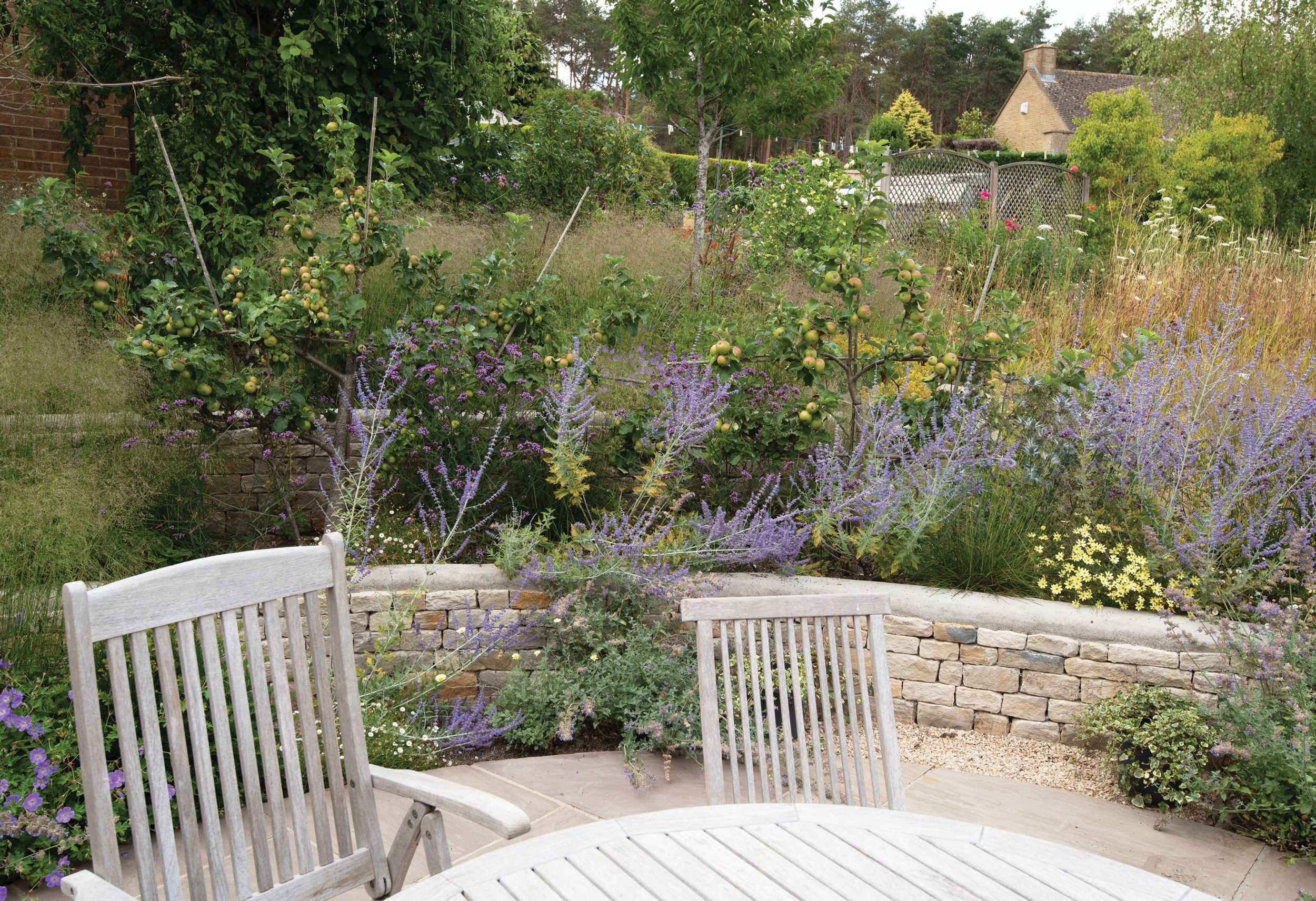 Russian sage and mixed perennial planting spilling over dry-stone walls beside the family seating terrace.