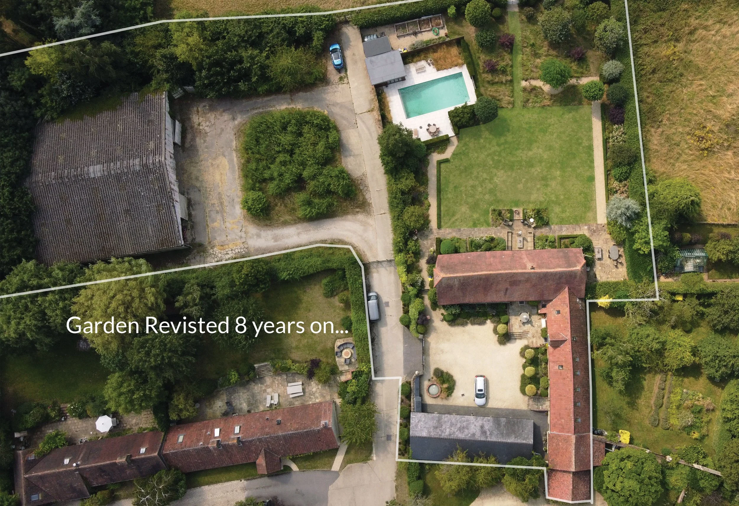 Aerial view of The Barn Garden revisited eight years after completion, showing the mature structure of the garden around the converted barn.