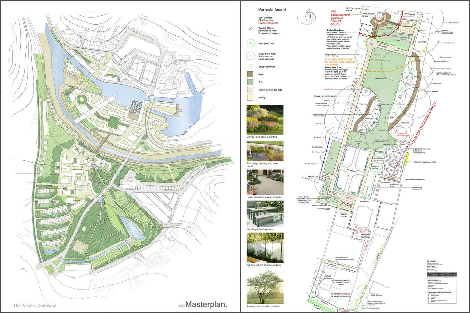 Detailed landscape masterplan for a garden design, showing the overall layout, planting, paths, water features and principal landscape elements.