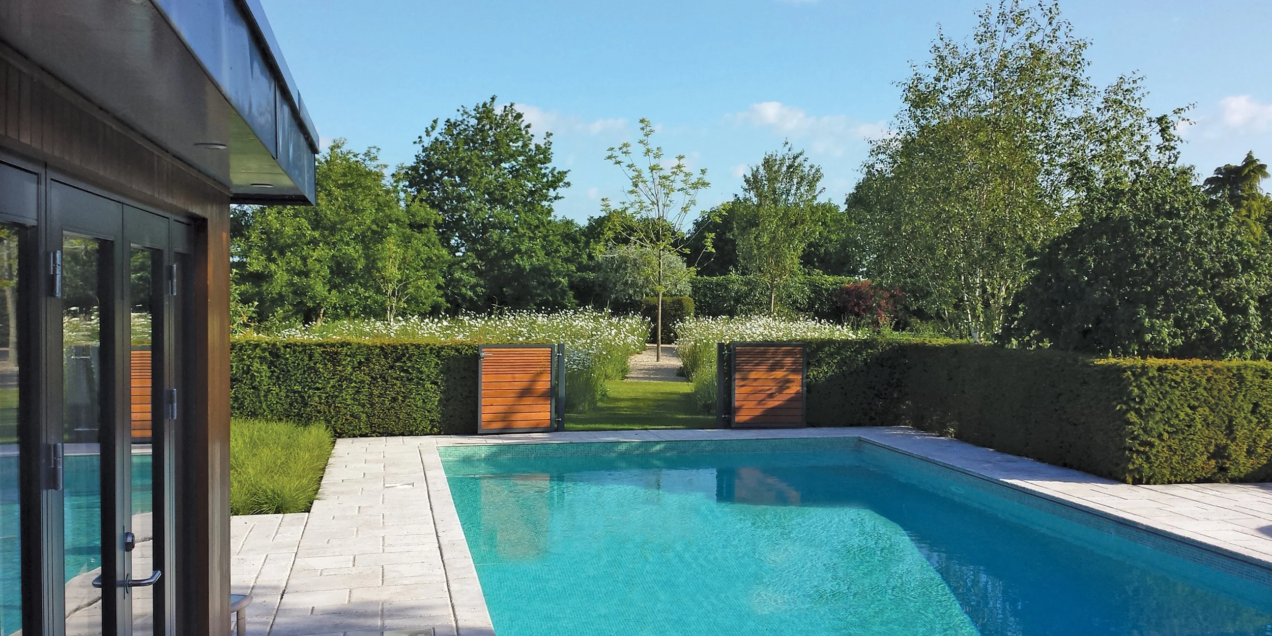 Contemporary garden design in the Cotswolds with pool and structured planting