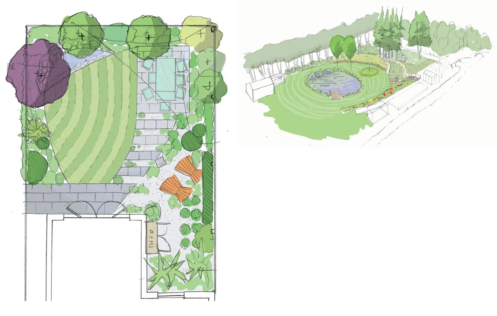 Hand-drawn garden concept studies exploring layout, planting, light, colour and the balance between different areas of the landscape.