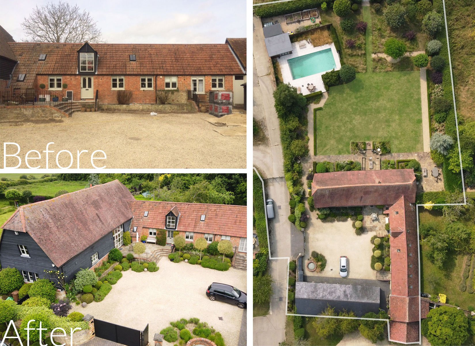 Before and after views of an Oxfordshire barn conversion and aerial view of the wider garden, showing the courtyard, planting, bespoke garden building and surrounding landscape.