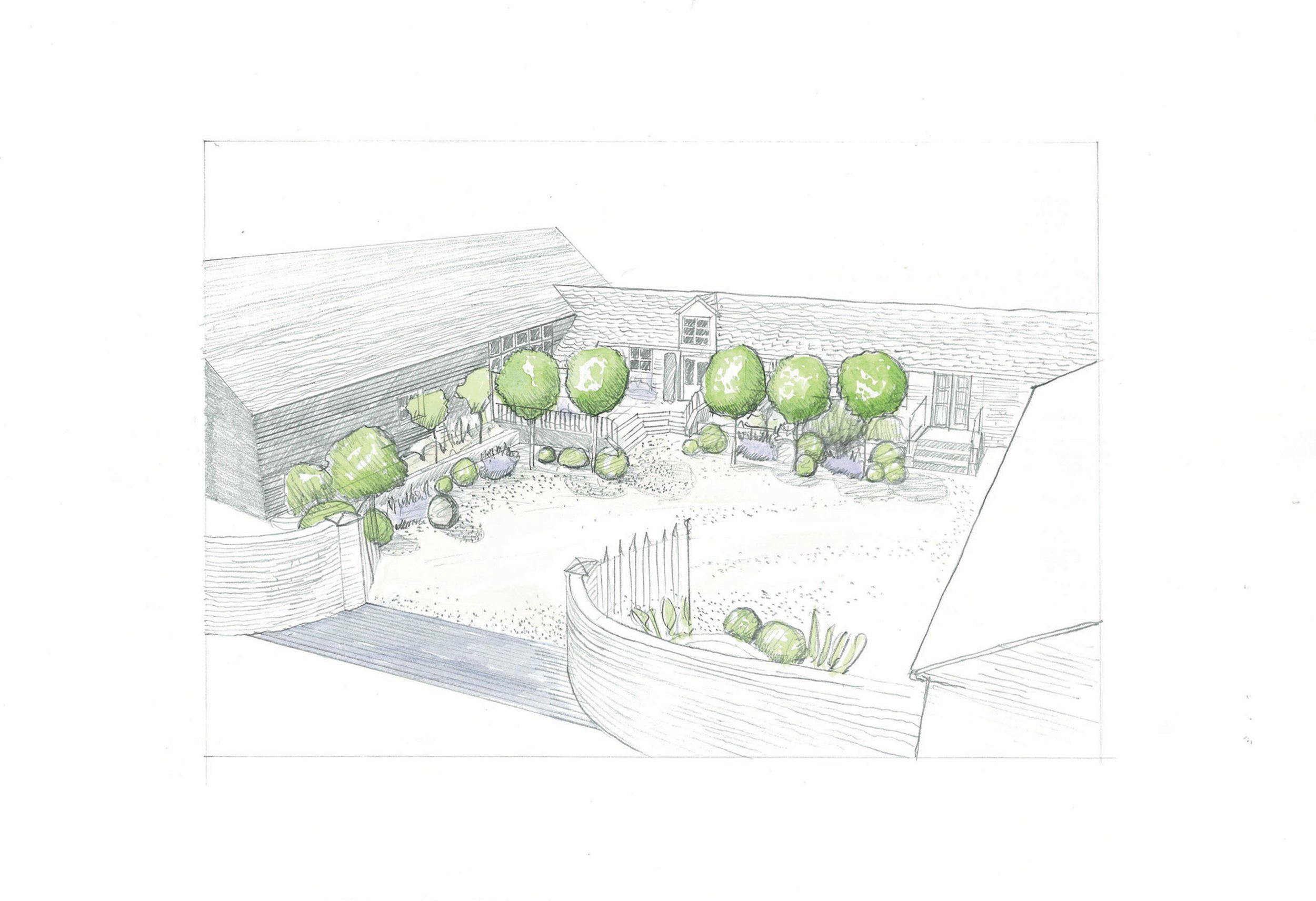 Design illustration showing the proposed transformation of the courtyard before work began.