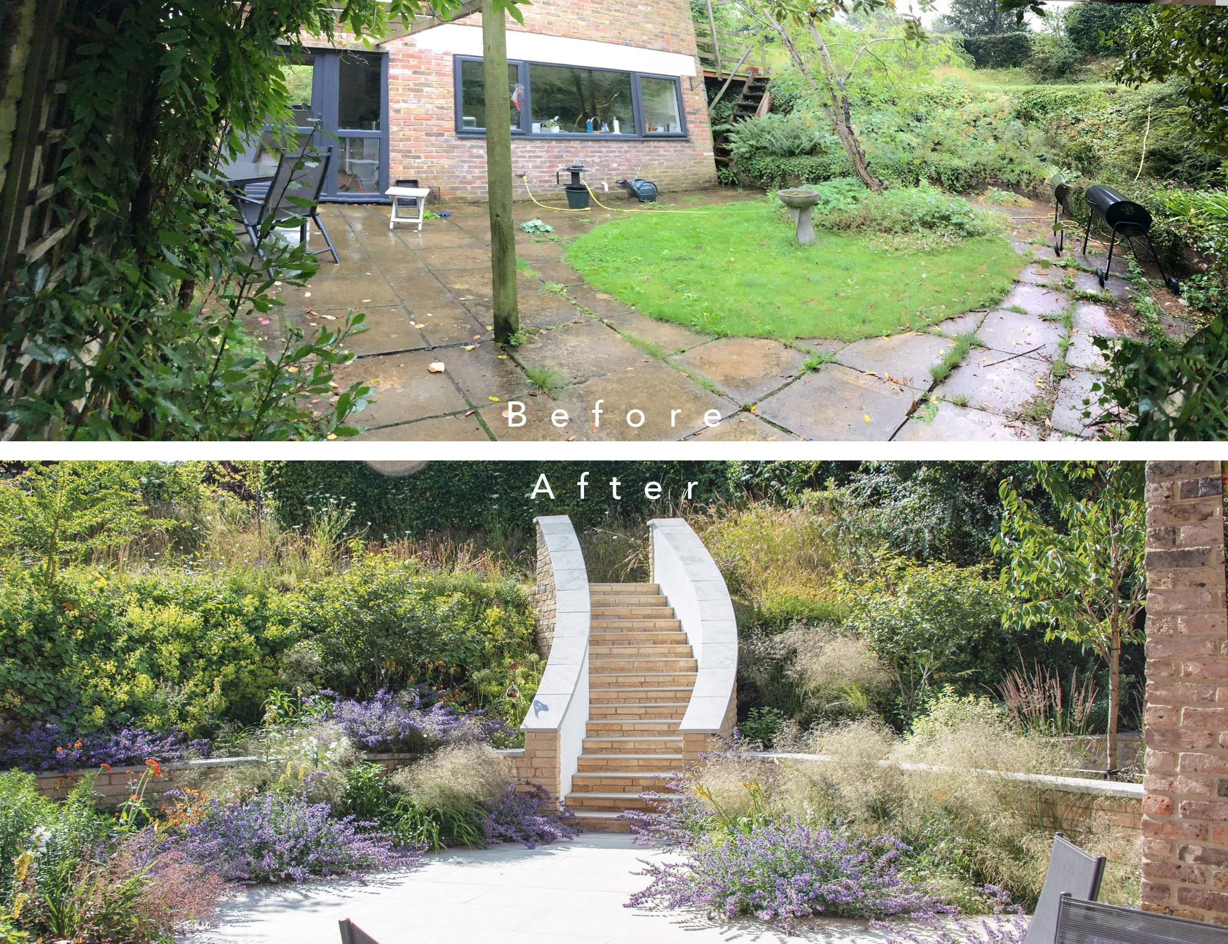 Before and after views of the Sunken Garden in Beckley, Oxfordshire, showing the transformation of an old quarry garden with new sculptural steps, dry-stone walls and layered planting.