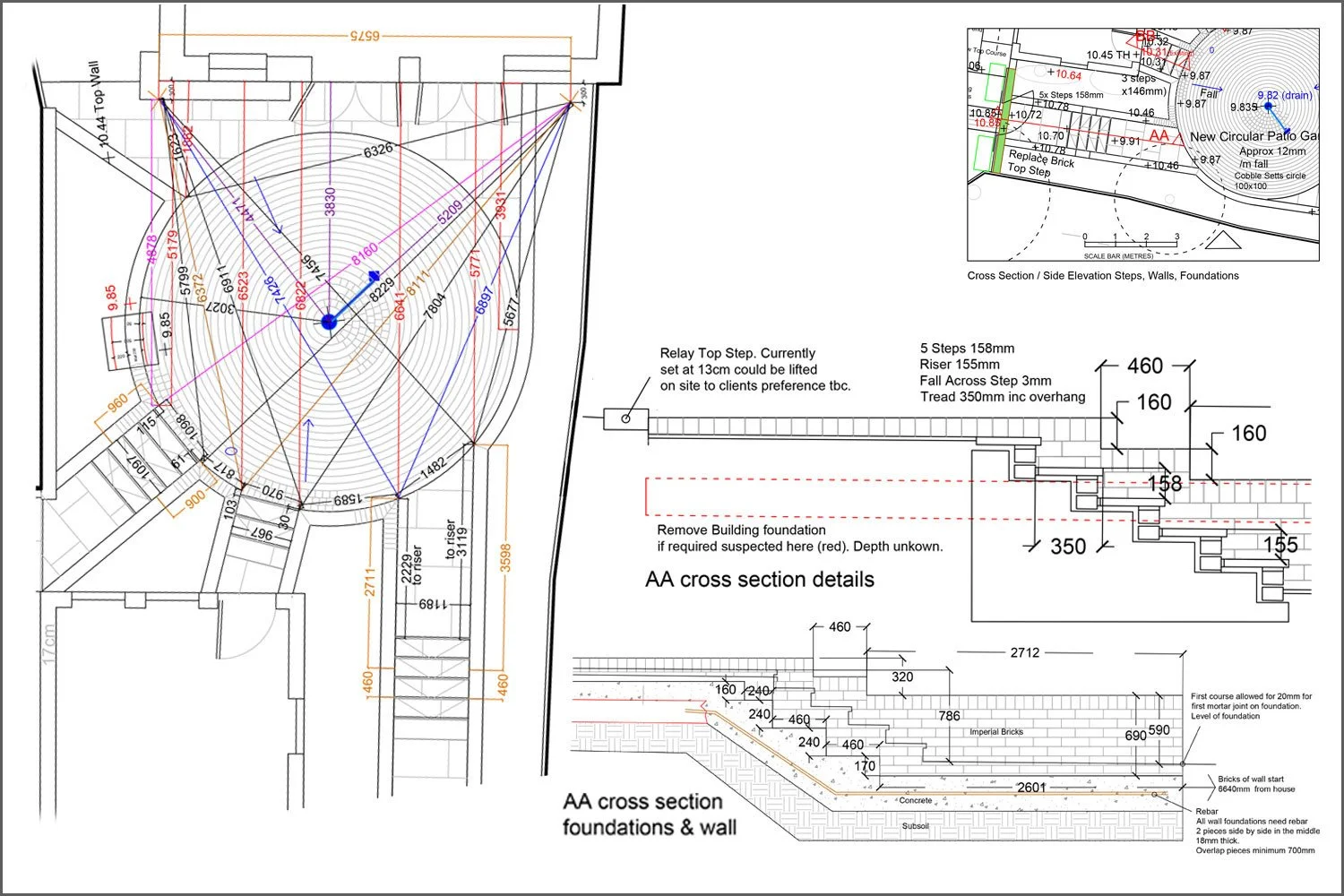 Detailed landscape construction drawing showing levels, dimensions, sections, foundations and construction information used to build the garden.