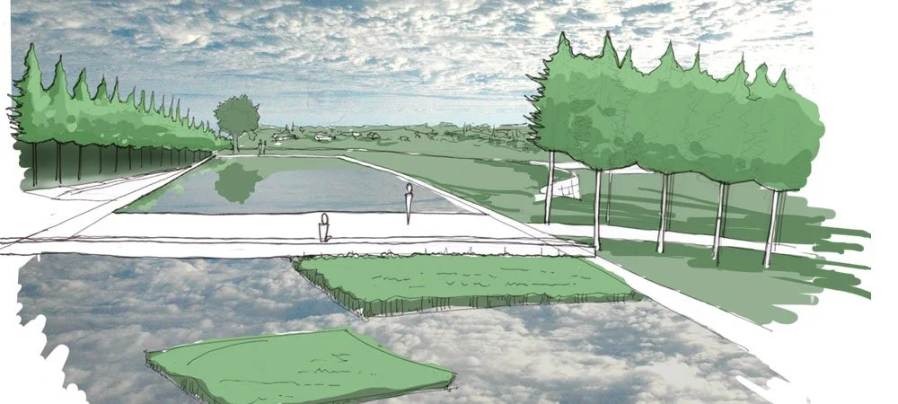 Landscape design visual combining photographic montage and hand-drawn illustration to explore the character, planting and spatial qualities of a proposed garden.