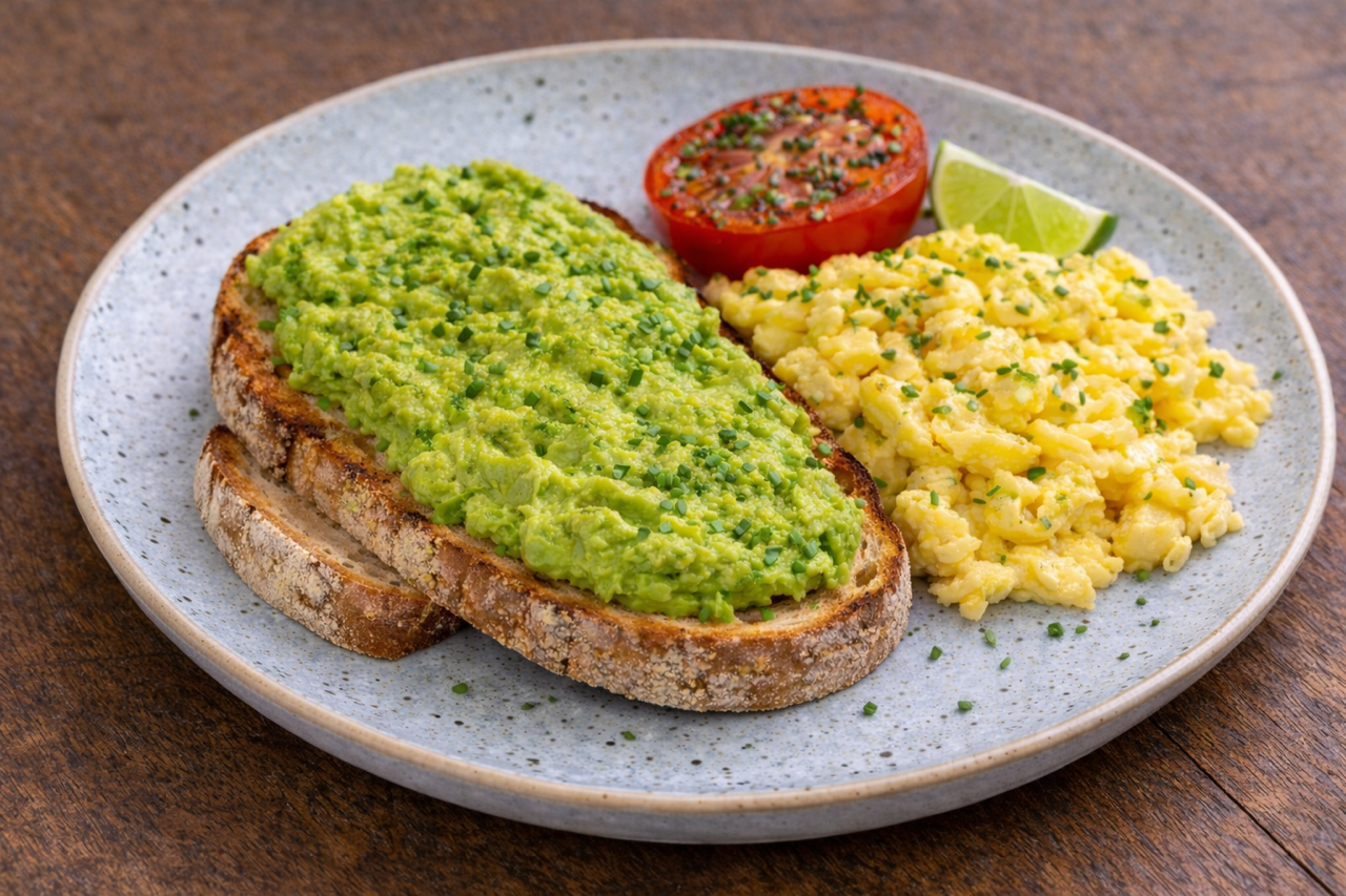 A plate with toasted bread topped with mashed avocado, scrambled eggs with chives, half a grilled tomato, and lime wedges on the side.