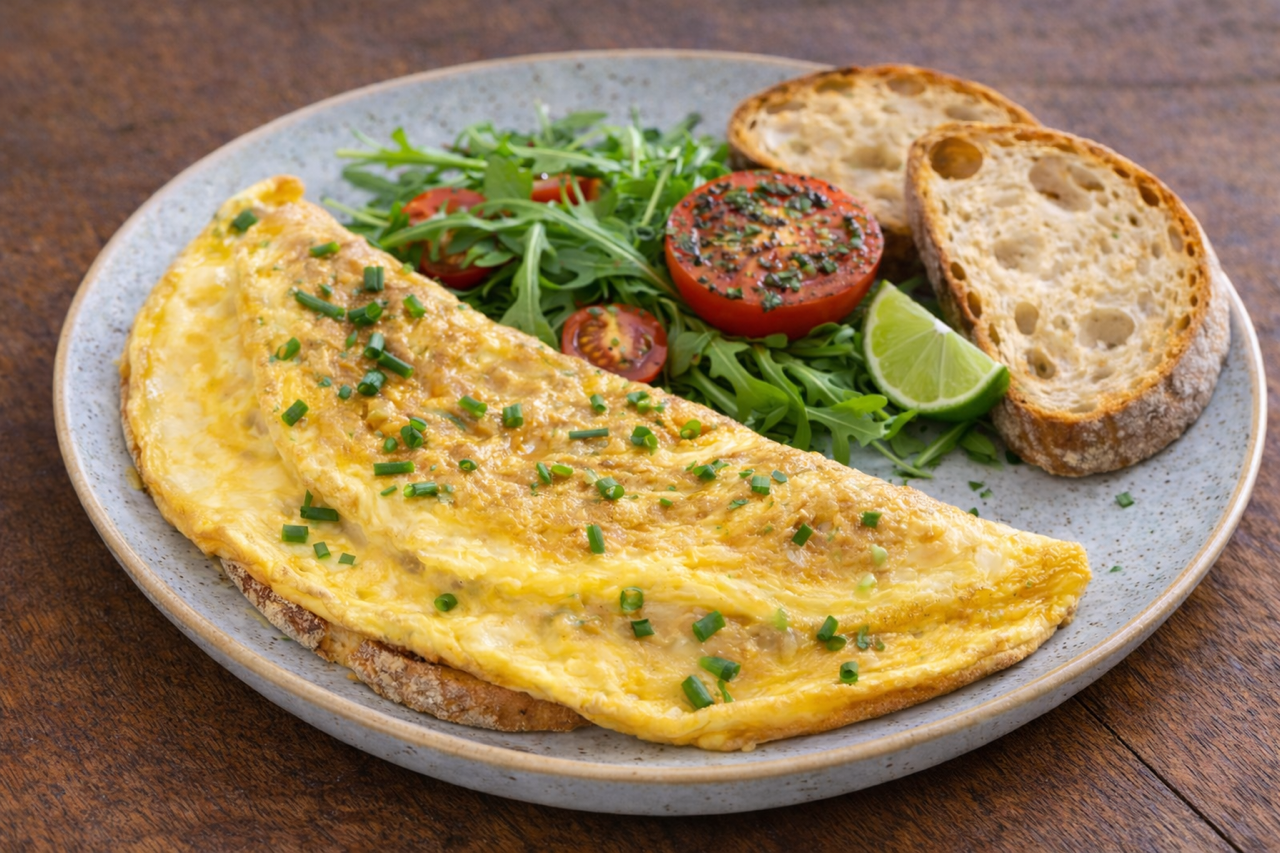 Omelette with chopped chives, fresh salad with cherry tomatoes, lime wedge, and slices of toasted bread.