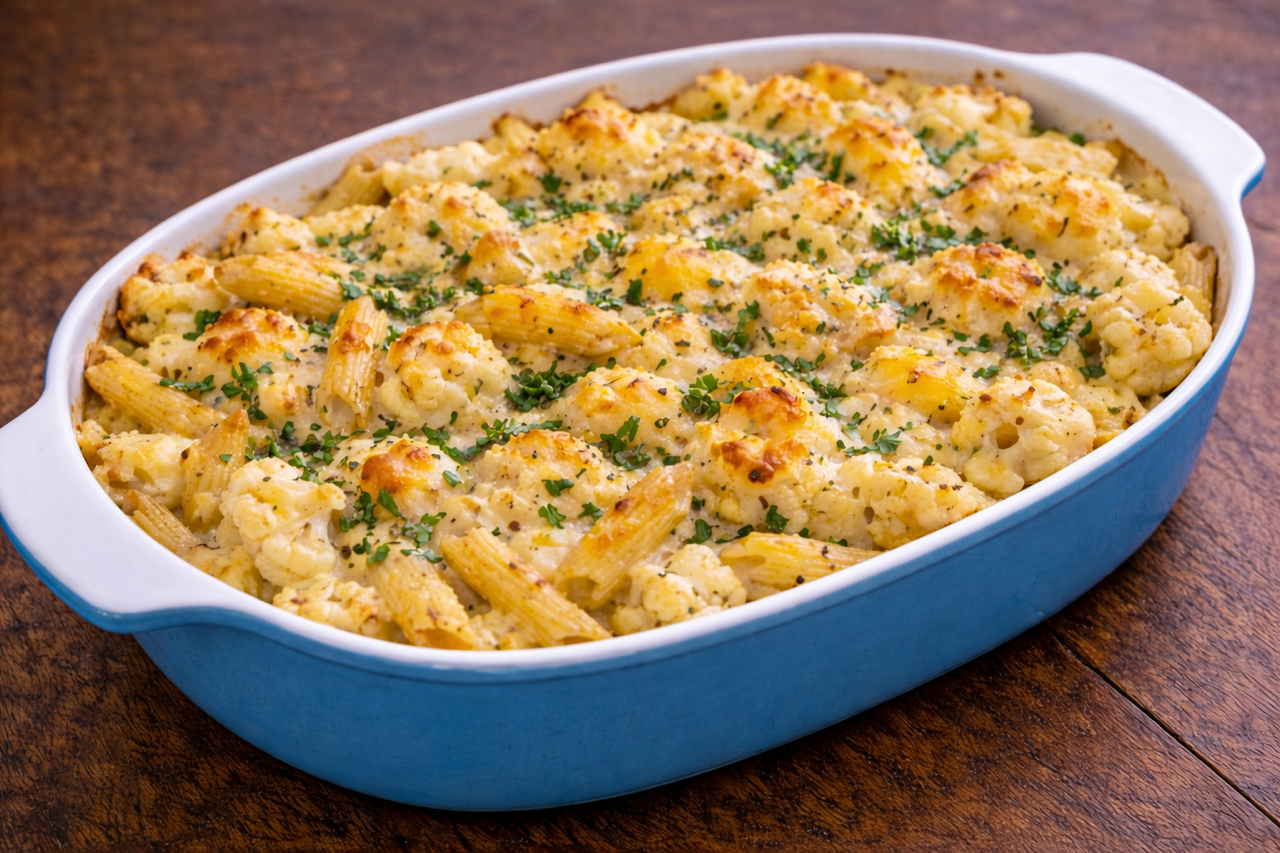 Baked cauliflower and pasta with herbs in a blue oval dish on a wooden surface.