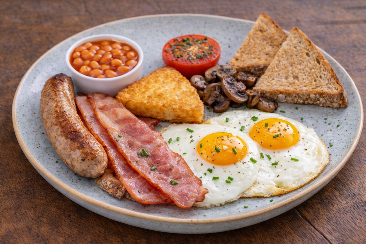 Plate with two fried eggs garnished with chives, hash brown, turkey bacon, sausage, baked potato, grilled tomato, sautéed mushrooms, toast, and baked beans.