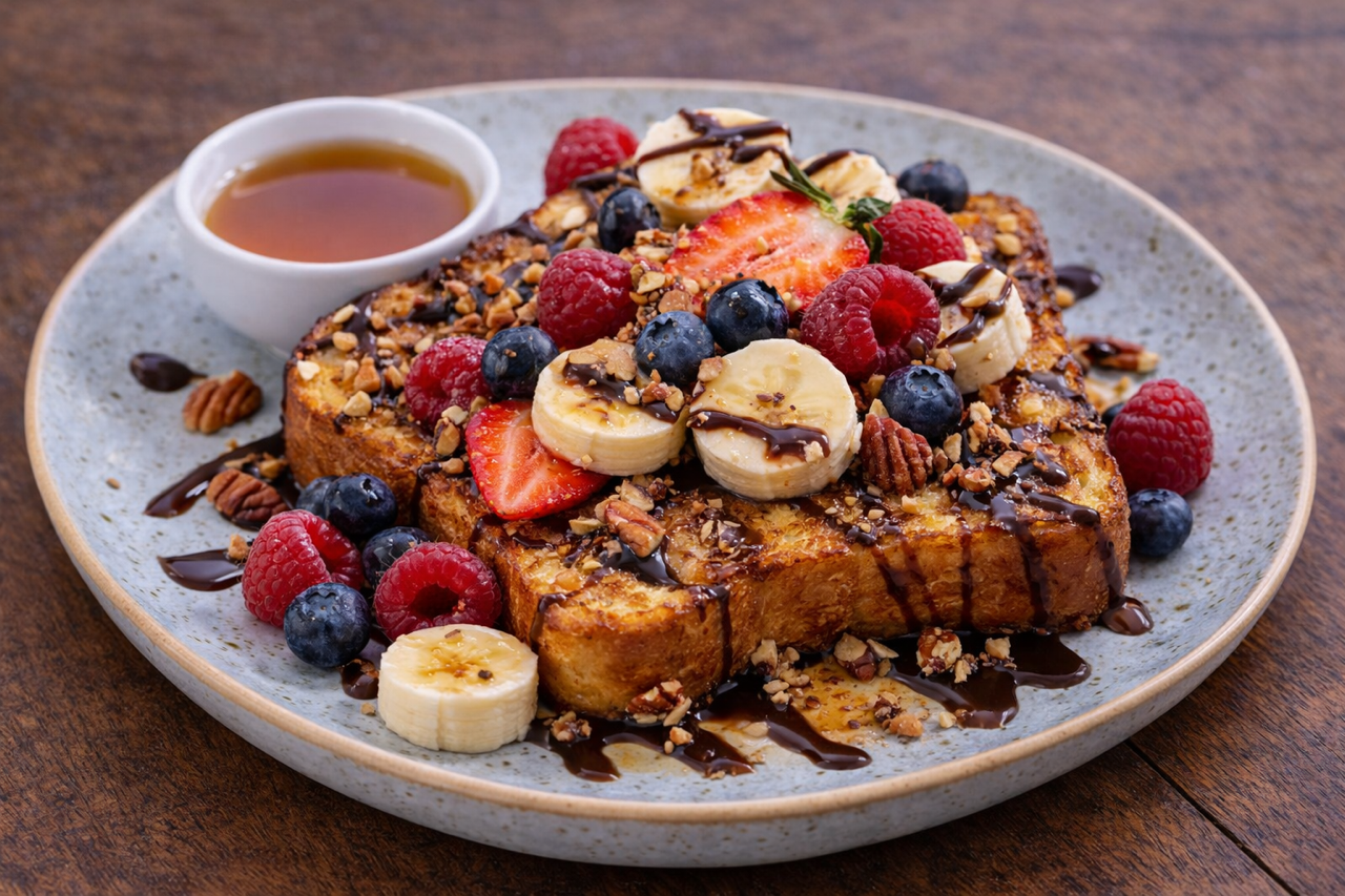French toast topped with sliced bananas, strawberries, blueberries, and raspberries, drizzled with chocolate sauce and sliced almonds, served with syrup on the side.