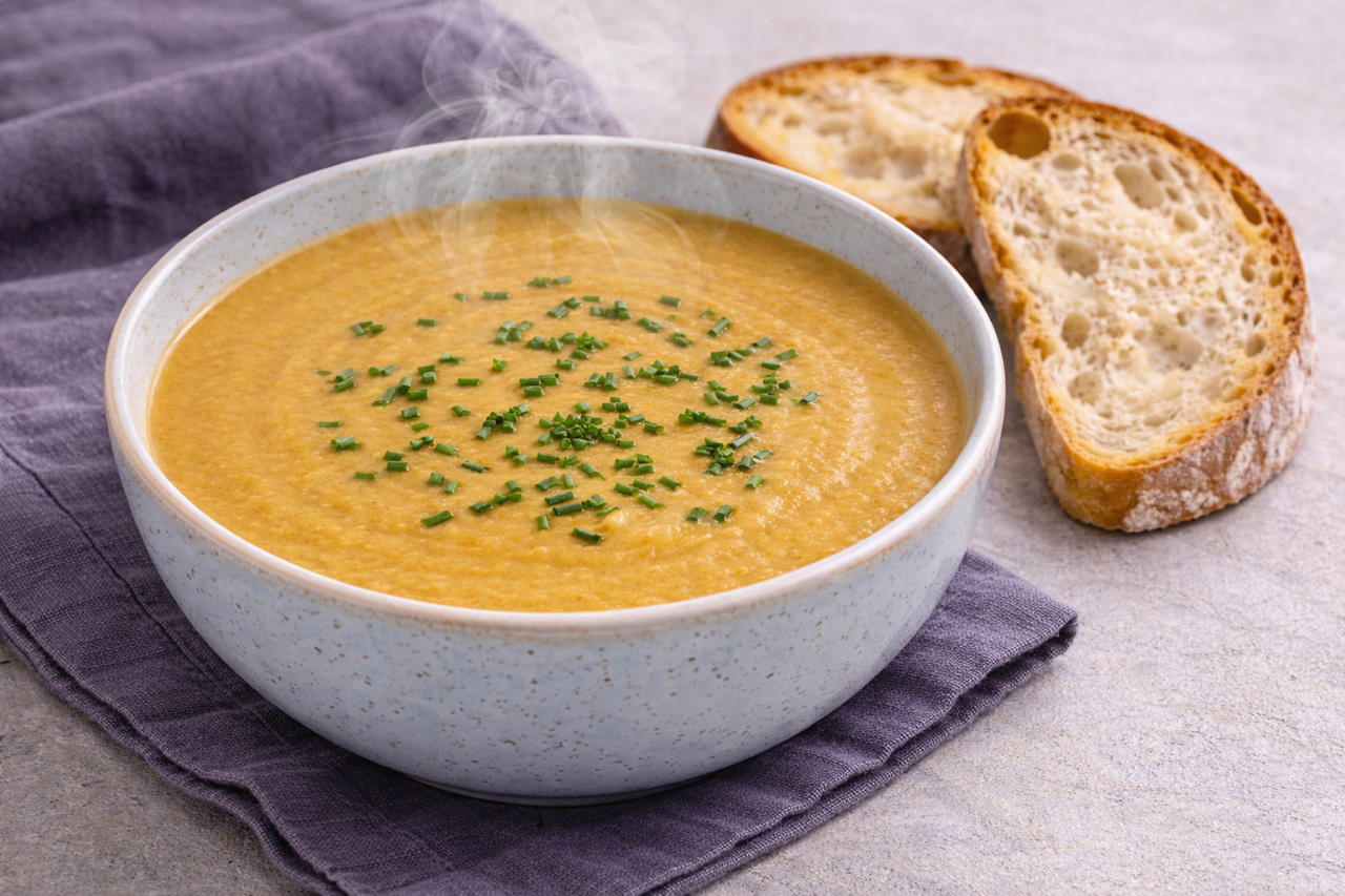 A bowl of steaming lentil soup garnished with chopped chives,  with slices of bread on the side.