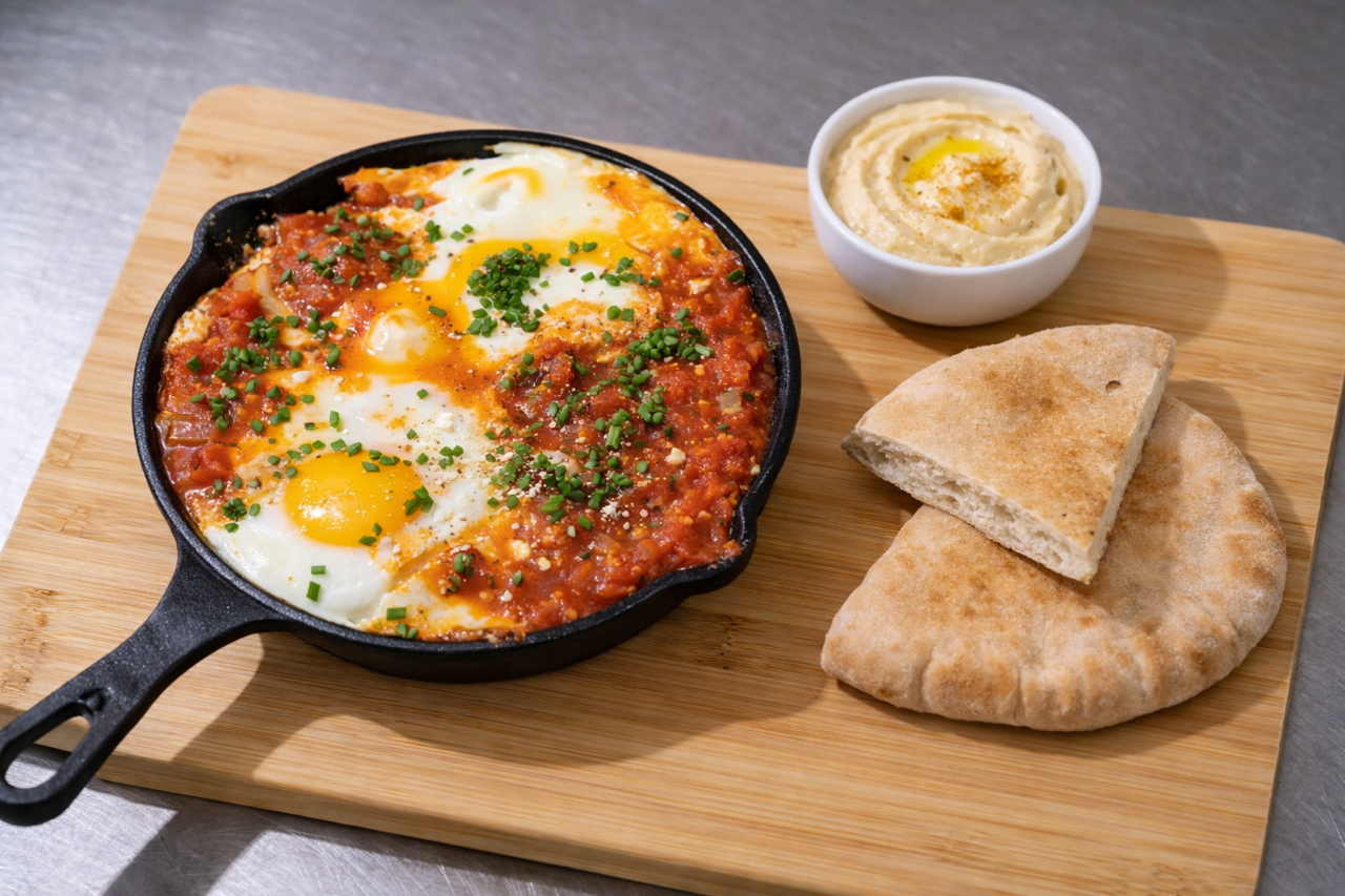 Shakshuka in a cast iron skillet with twoveggs, served with pitta bread and hummus on a wooden board.