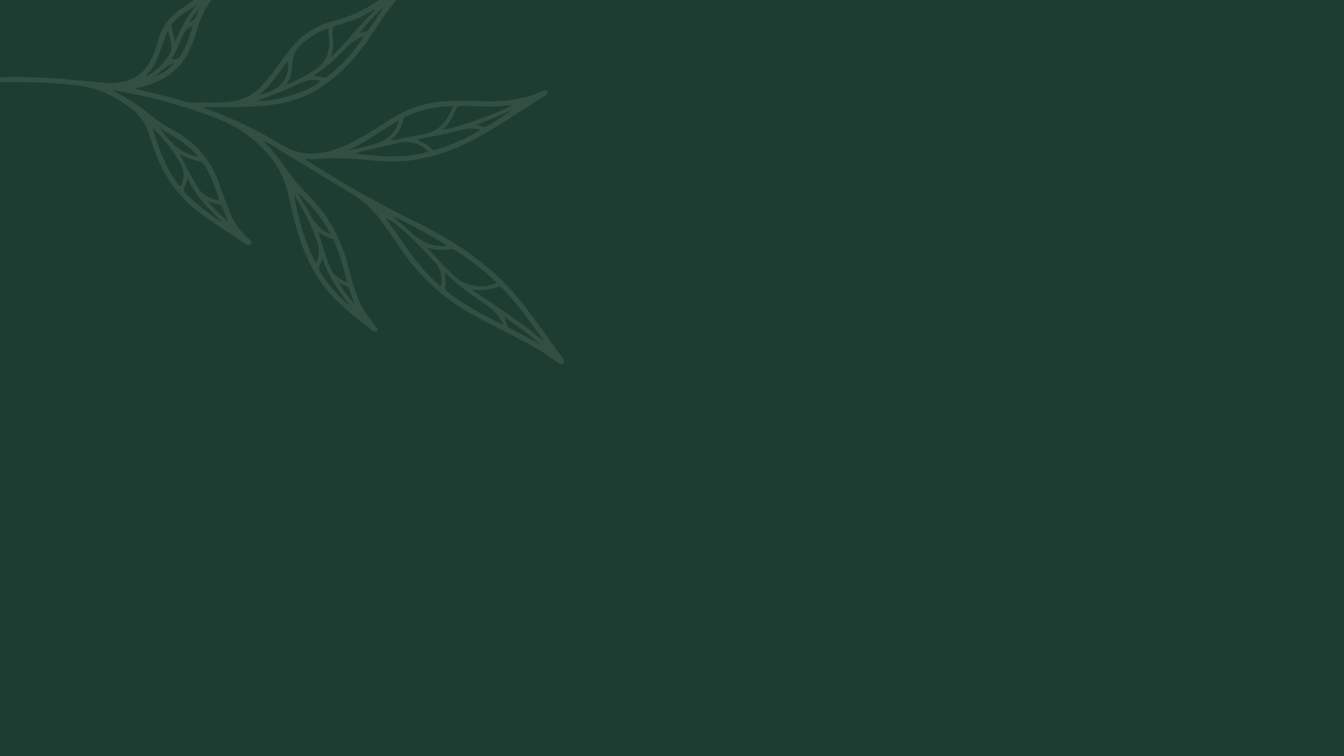 Dark green background with a simple, minimalist line drawing of a leafy plant in the top left corner.