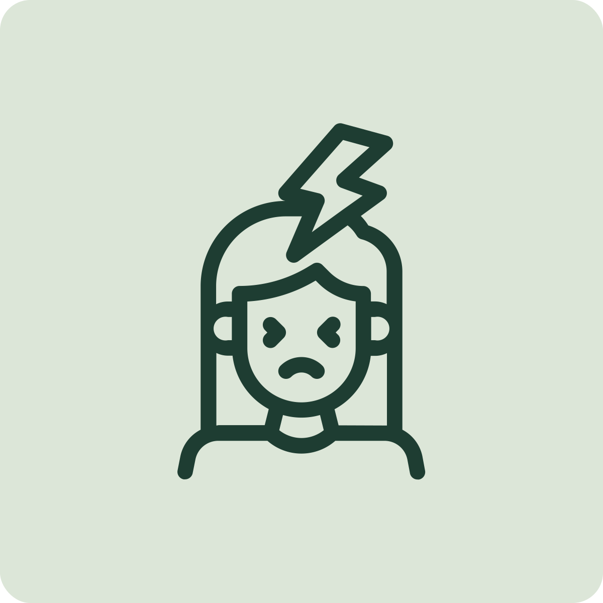 Line drawing of a girl with a worried expression, a lightning bolt above her head, indicating she is feeling sick or unwell.