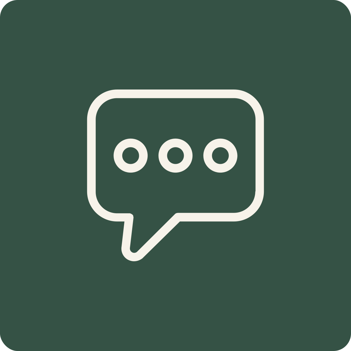 Chat bubble icon with three dots inside, on a dark green background.