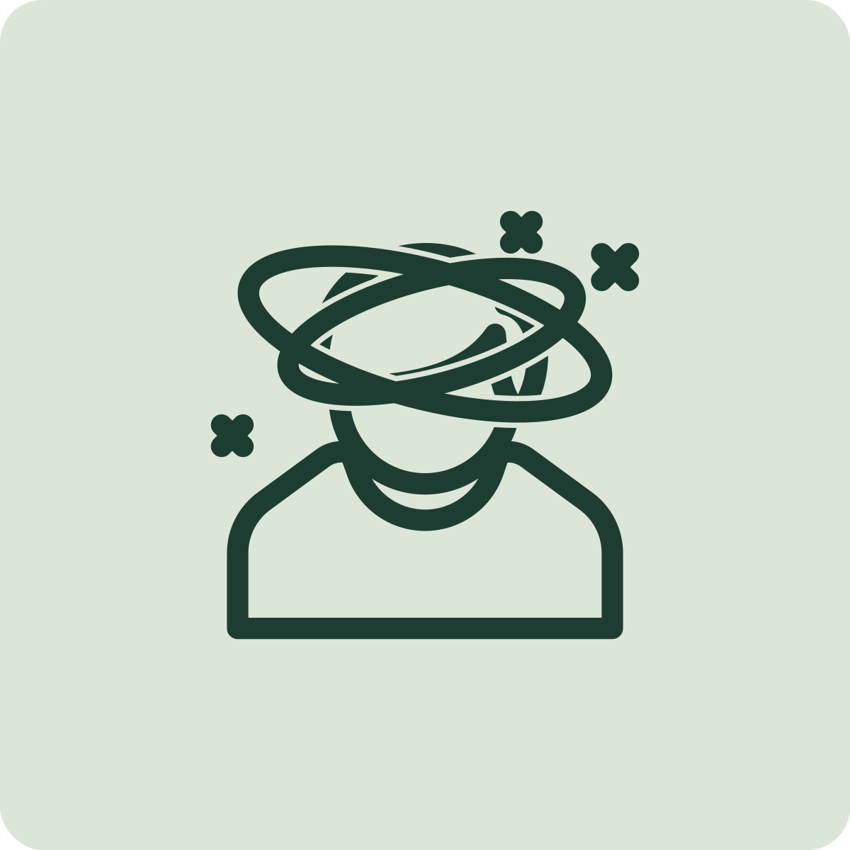 Line drawing of a person with a swirling orbit around the head and small crosses indicating confusion or dizziness.