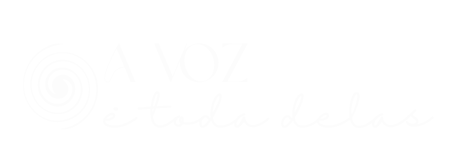 Logo with a circular spiral design followed by the Portuguese phrase 'A VOZ é toda delas' in stylized white text on a black background.