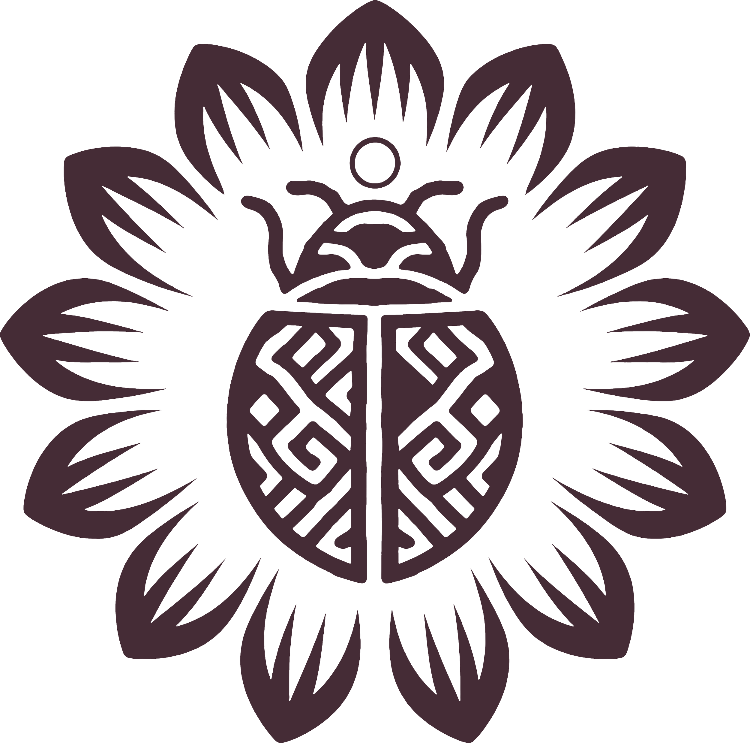 A stylized illustration of a ladybug with intricate line patterns on its body, surrounded by a symmetrical, floral-like design with petal-shaped elements.
