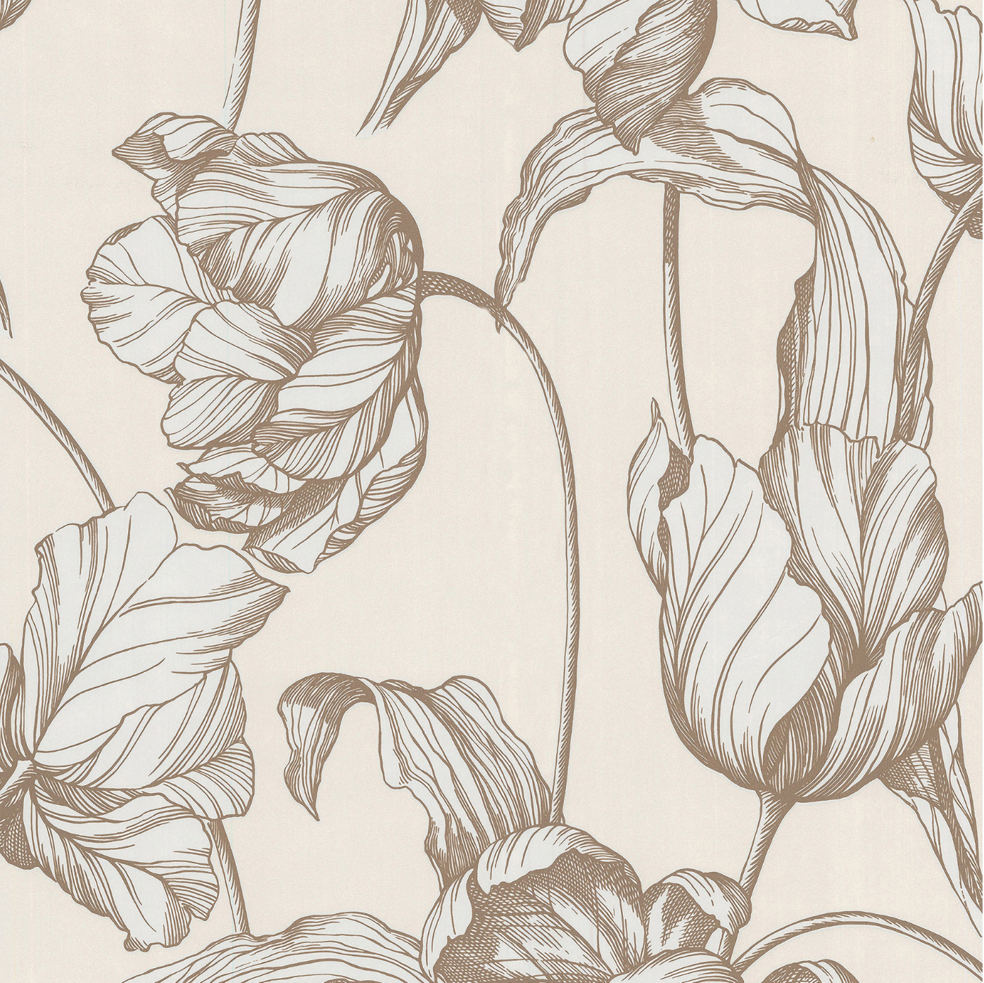 Line drawing of large, detailed flowers and leaves on a beige background.