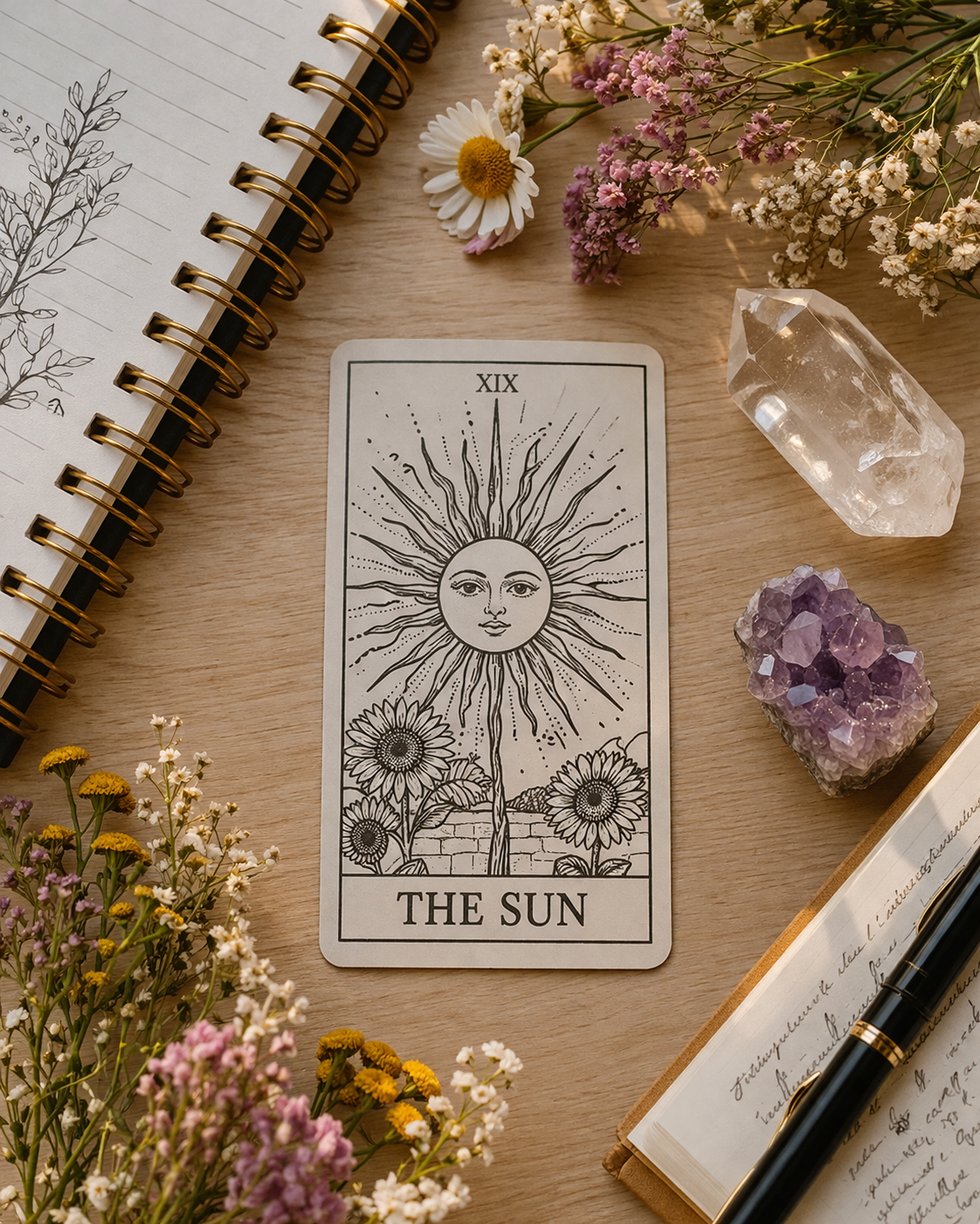 A tarot card labeled 'The Sun' with a sun illustration featuring a face, surrounded by flowers, on a wooden surface. Items around include a spiral notebook with botanical sketches, a pen, fresh flowers, and crystals.