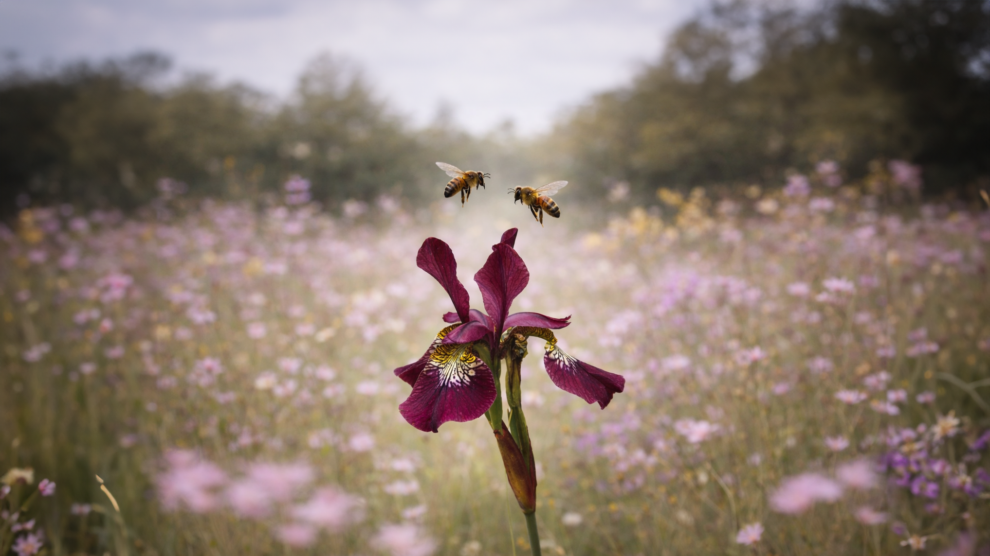 A purple iris flower with two bees flying above it in a field of pink and purple flowers.