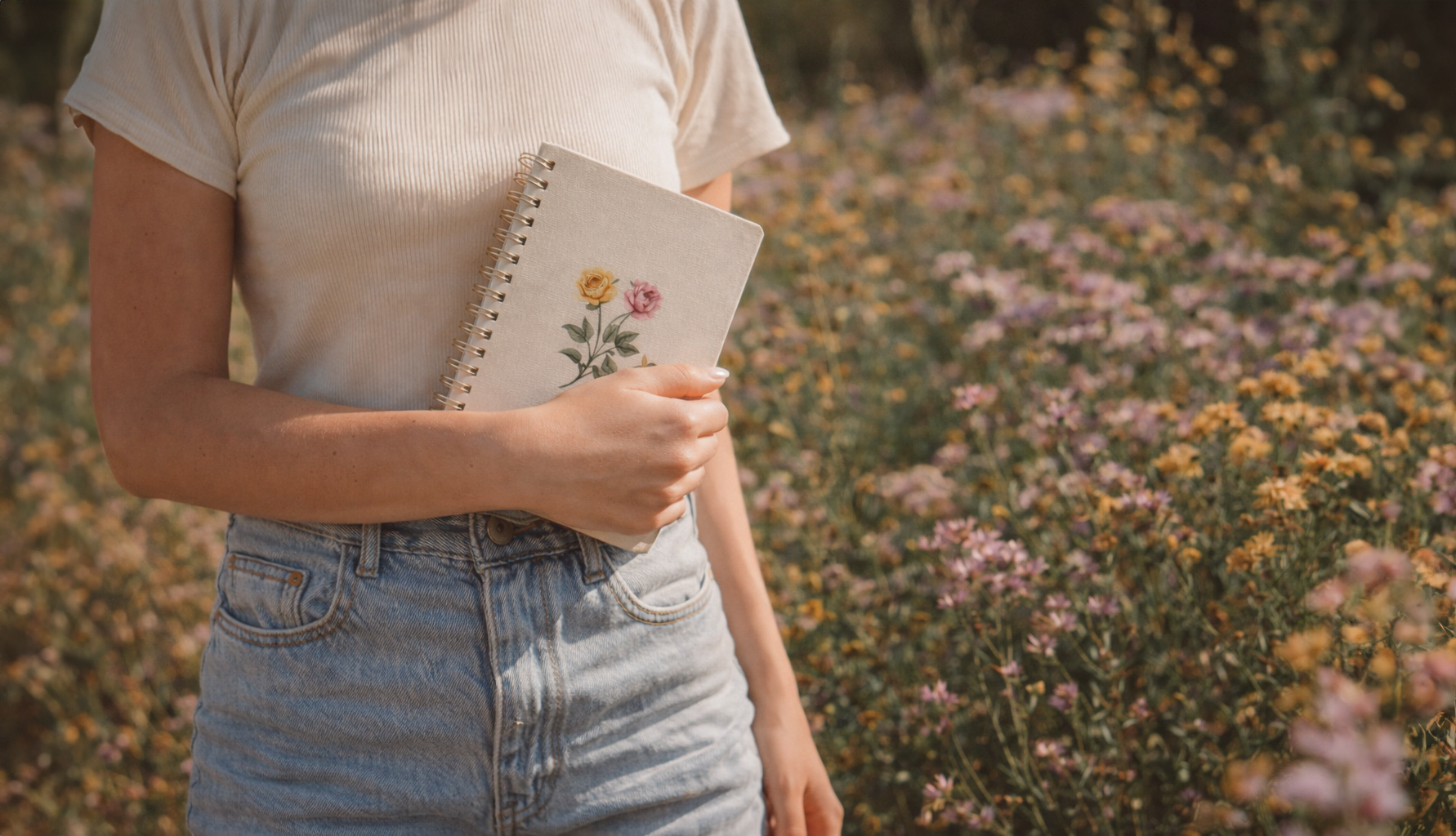 A person wearing a beige t-shirt and denim shorts holding a spiral notebook with floral embroidery, standing in a field of pink, yellow, and purple flowers.