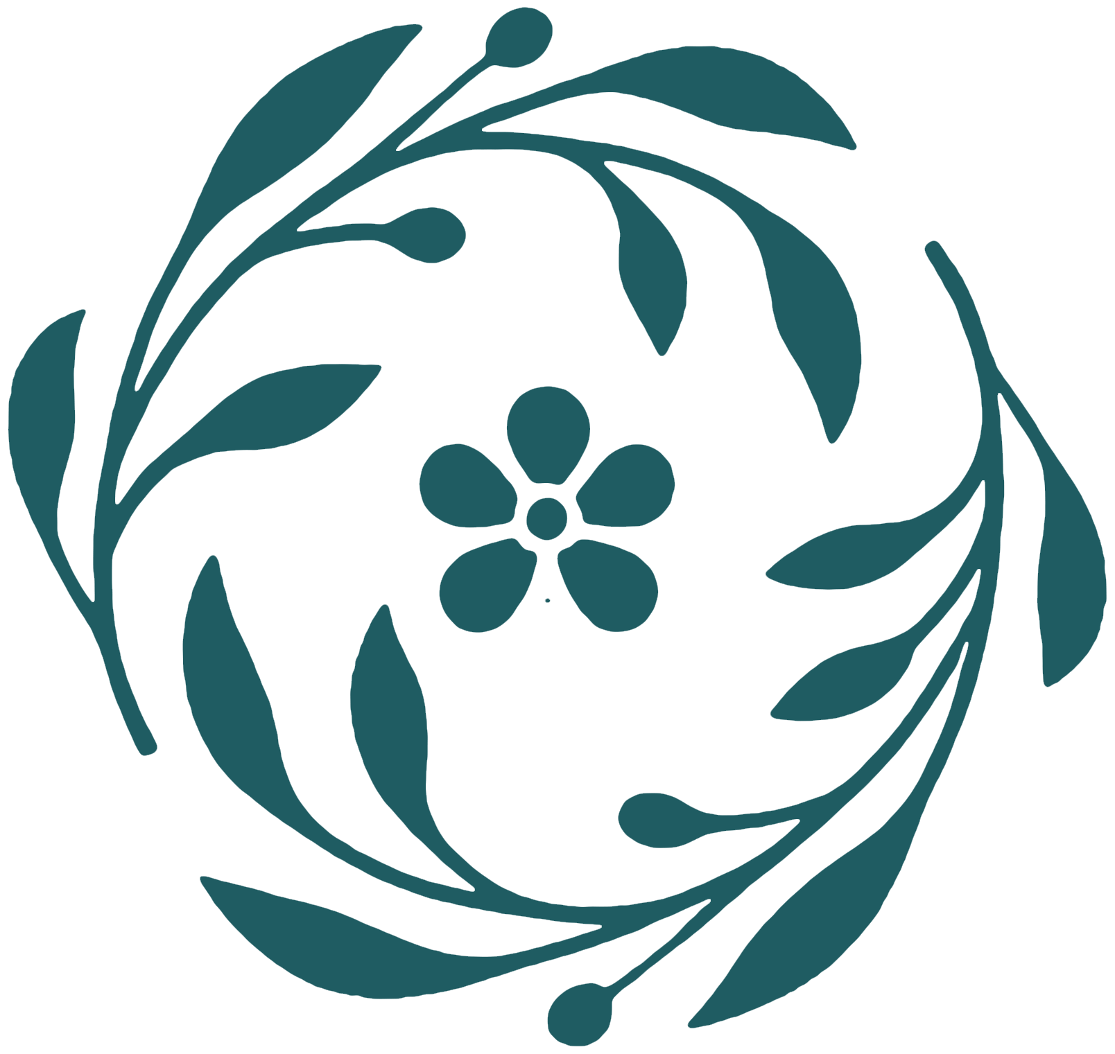 A teal-colored floral design with a central flower surrounded by leaves and smaller buds, arranged in a circular pattern.