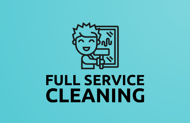 Icon of a smiling person cleaning a window with the text "Full Service Cleaning" below.
