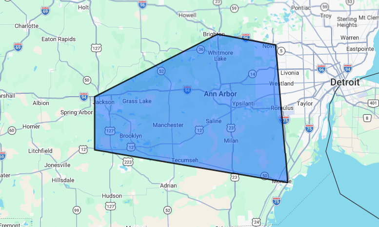 Map of a highlighted area in Michigan, including cities like Detroit, Ann Arbor, and Jackson, with lakes such as Whitmore Lake and Grass Lake visible.