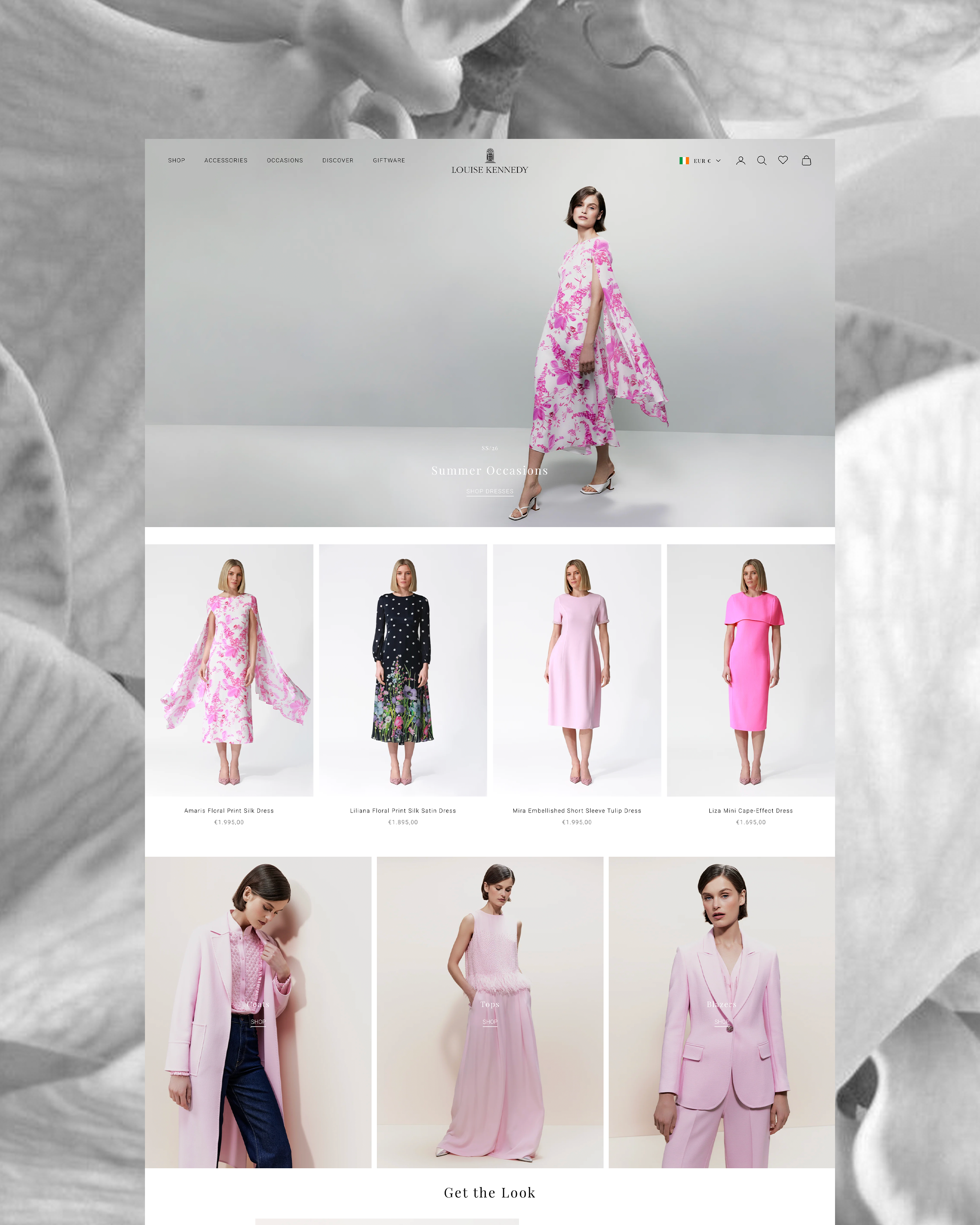 Online fashion store webpage showing a variety of women's dresses, suits, and tops, with model images and prices.