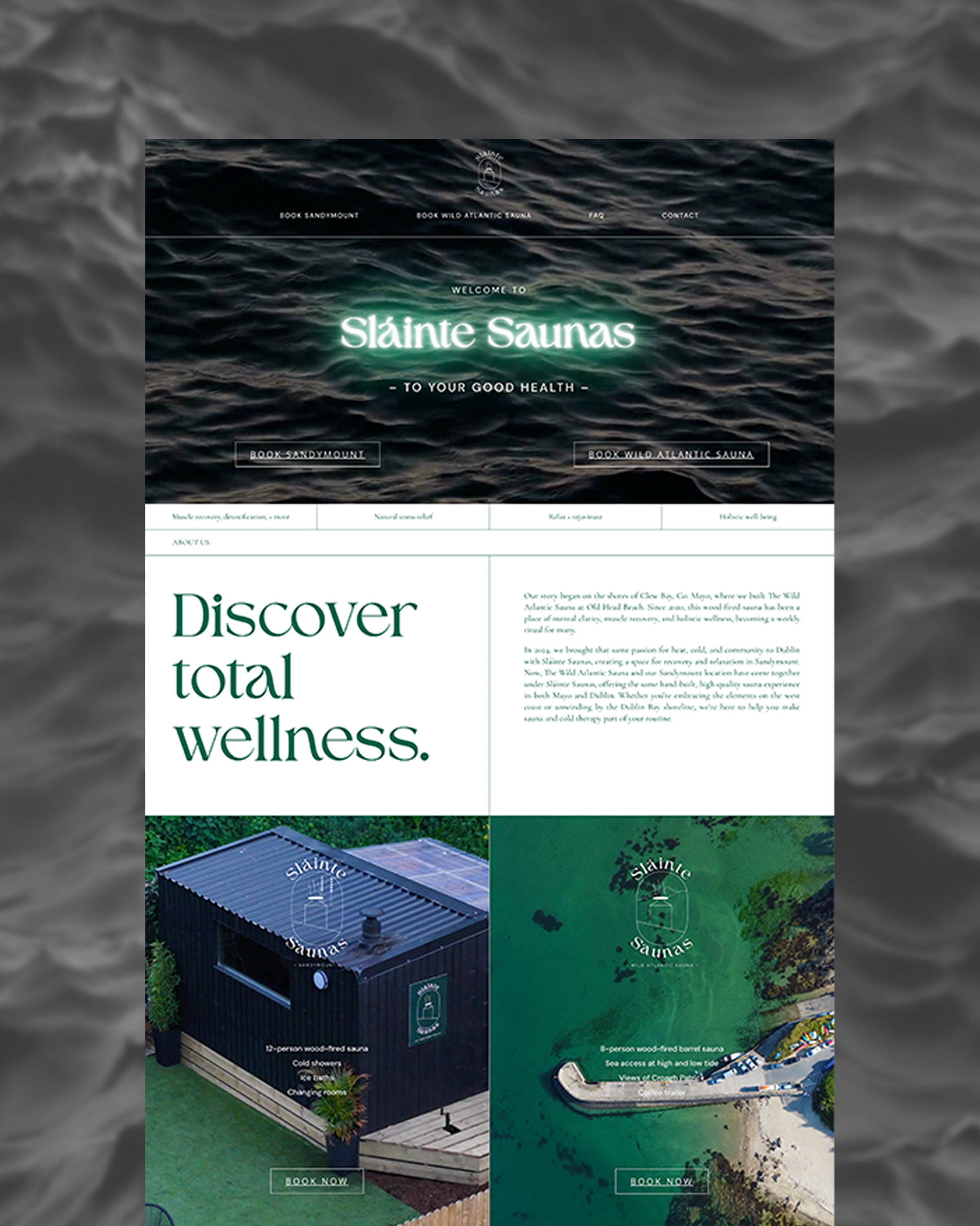 A webpage with a dark ocean wave background, featuring a logo and navigation menu, promoting sauna services with options to book a sandymount or Atlantic sauna, accompanied by images of saunas and a beach area.