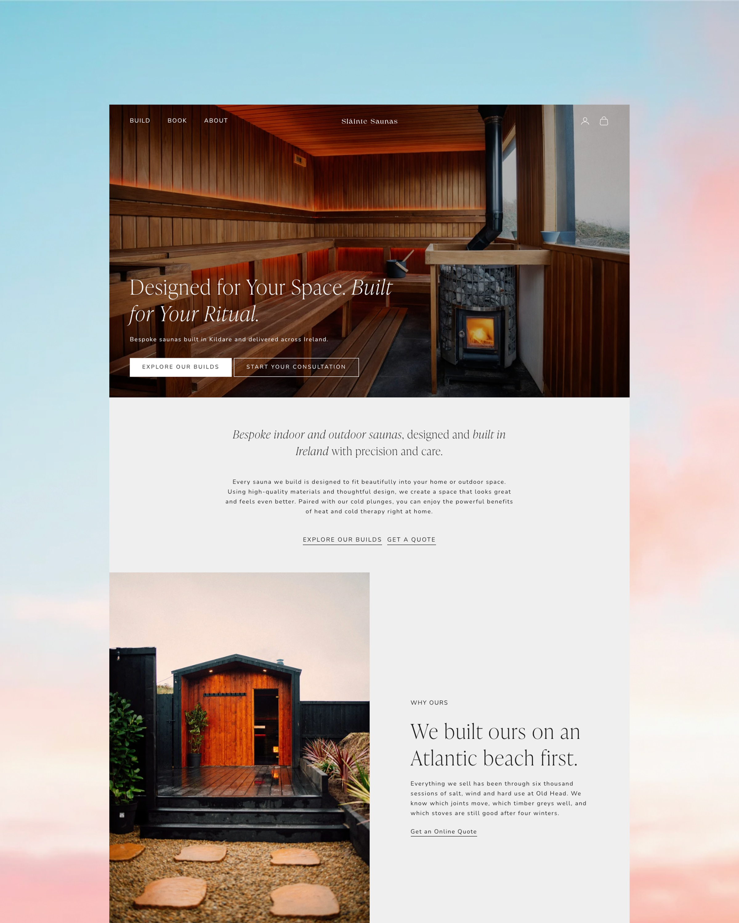 A website homepage for a company that builds custom saunas. The top section features an interior sauna with wooden benches and a stove with stones. Below are images of a modern house exterior and a wooden shed or small building, with text describing the company's mission and offerings.