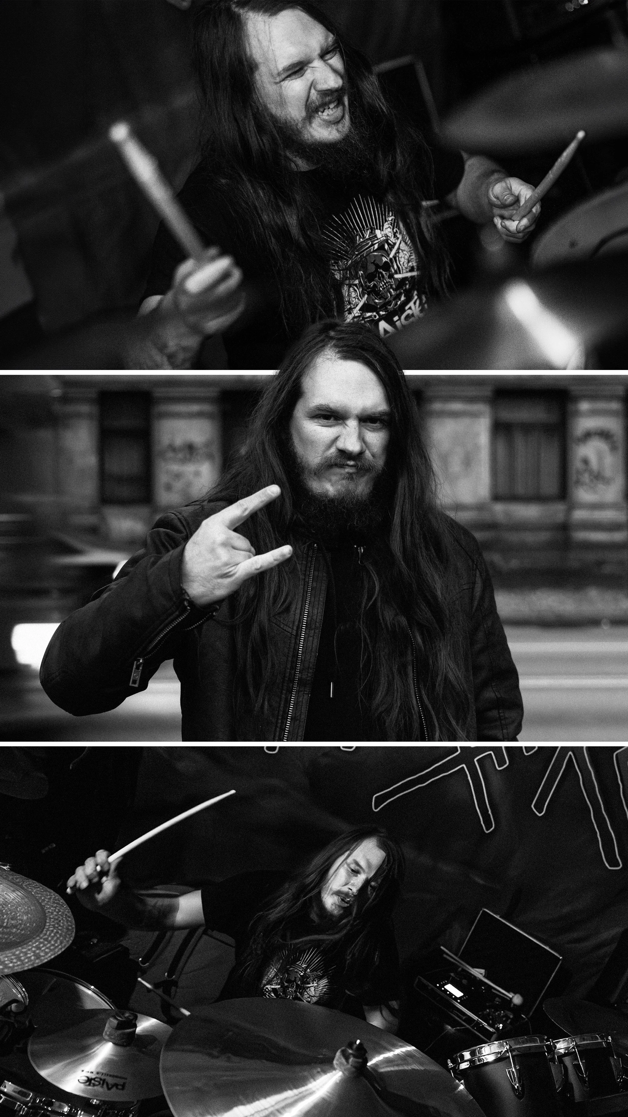 Four musicians performing. Top: a man with long hair and beard, smiling and playing drums. Middle: a man with long hair, making a rock hand sign. Bottom: a woman with long hair, playing drums.