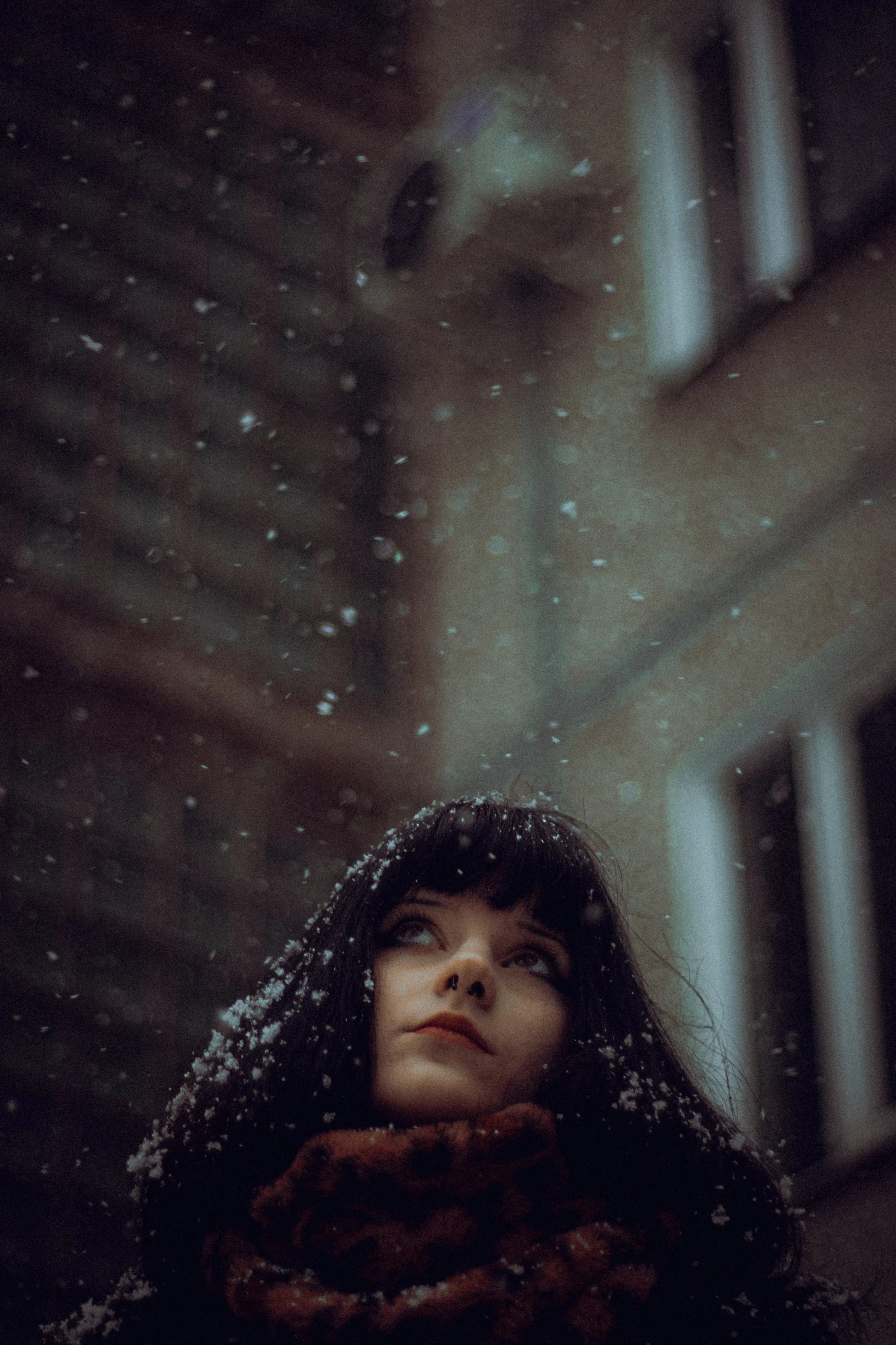 A young woman with black hair, some of which is snow-covered, looking upward in a snowy environment. Snowflakes are falling around her.