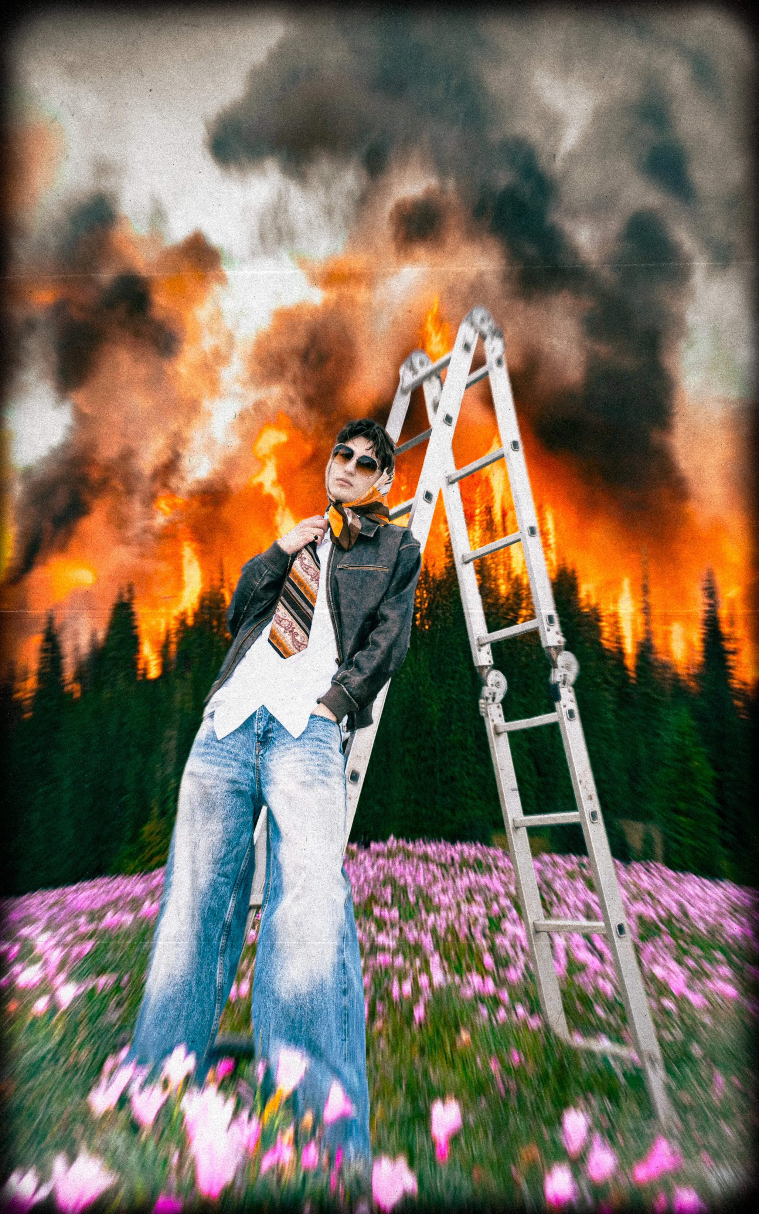 A person standing in front of a wildfire with smoke in the sky, holding a ladder, with pink flowers on the ground.