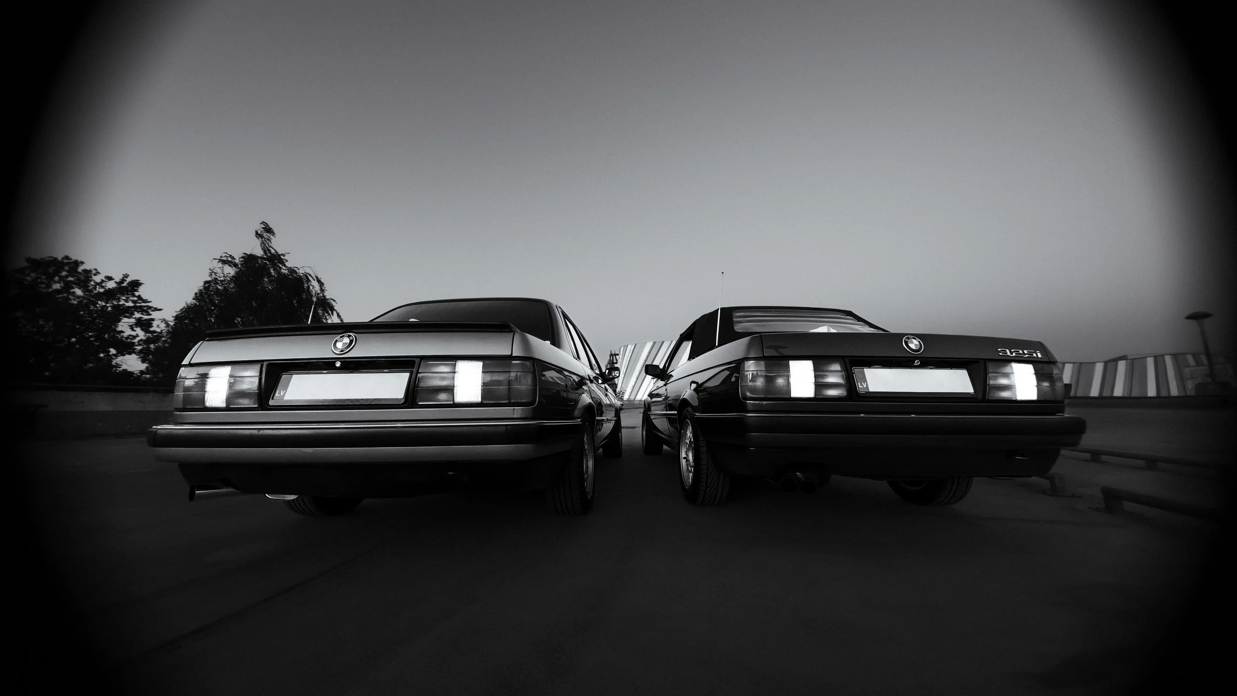 Two vintage BMW cars parked side by side in an outdoor parking lot, seen from the rear in black and white.