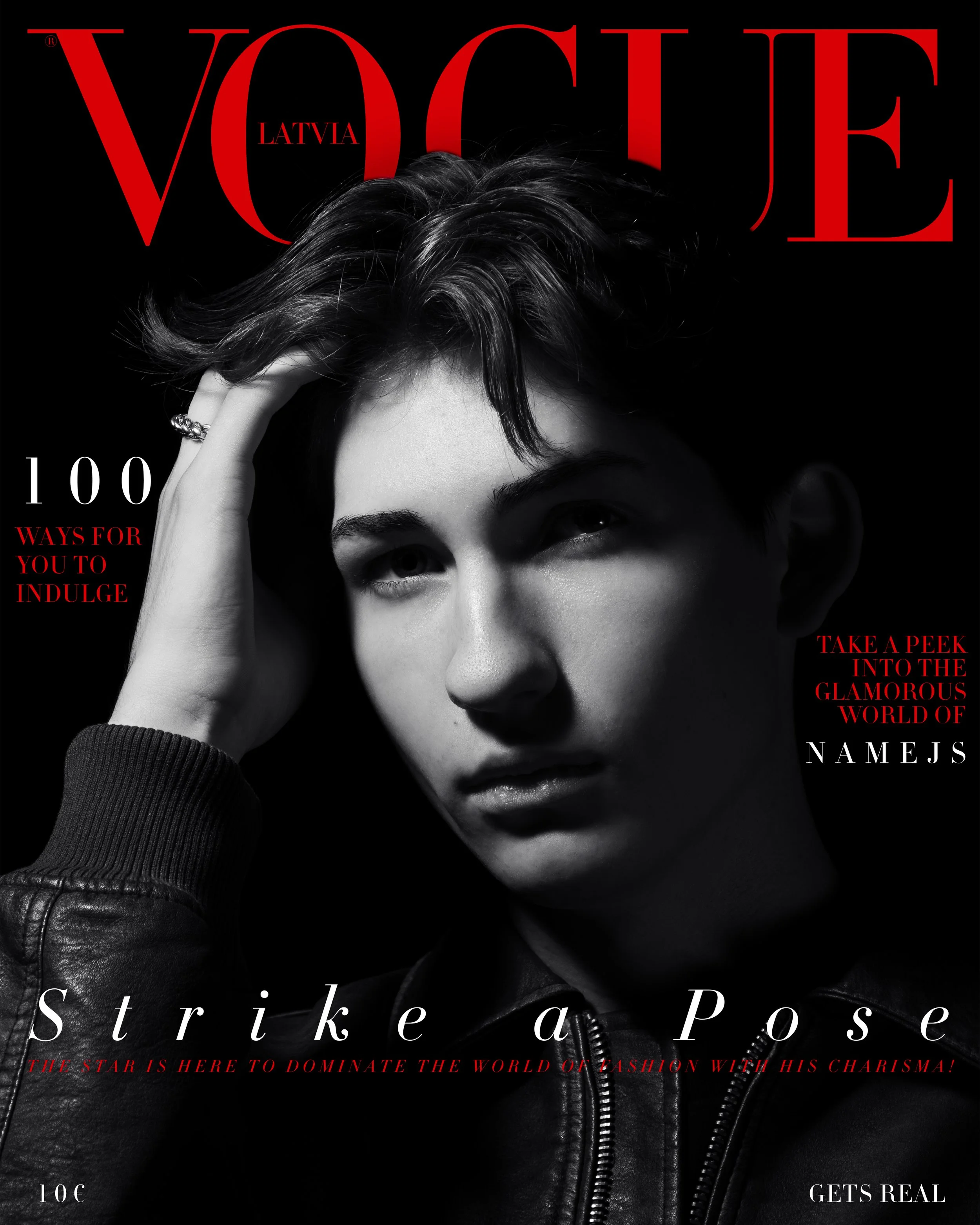 Black and white photograph of a woman with short hair, wearing a leather jacket and ring, with bold red and white text overlaying. Cover of a fashion magazine.
