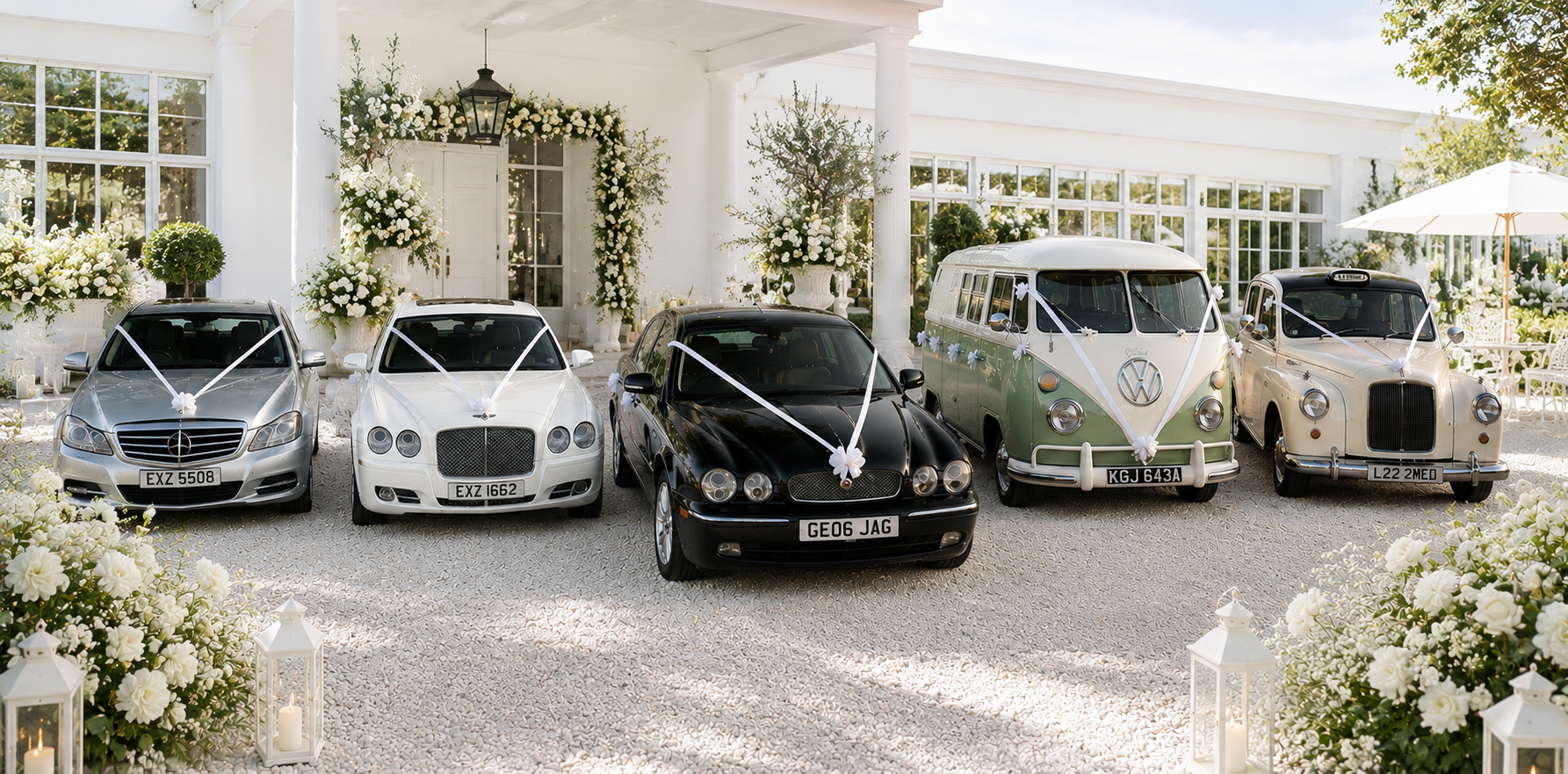 The Cabs & Confetti wedding car fleet lined up at a wedding venue