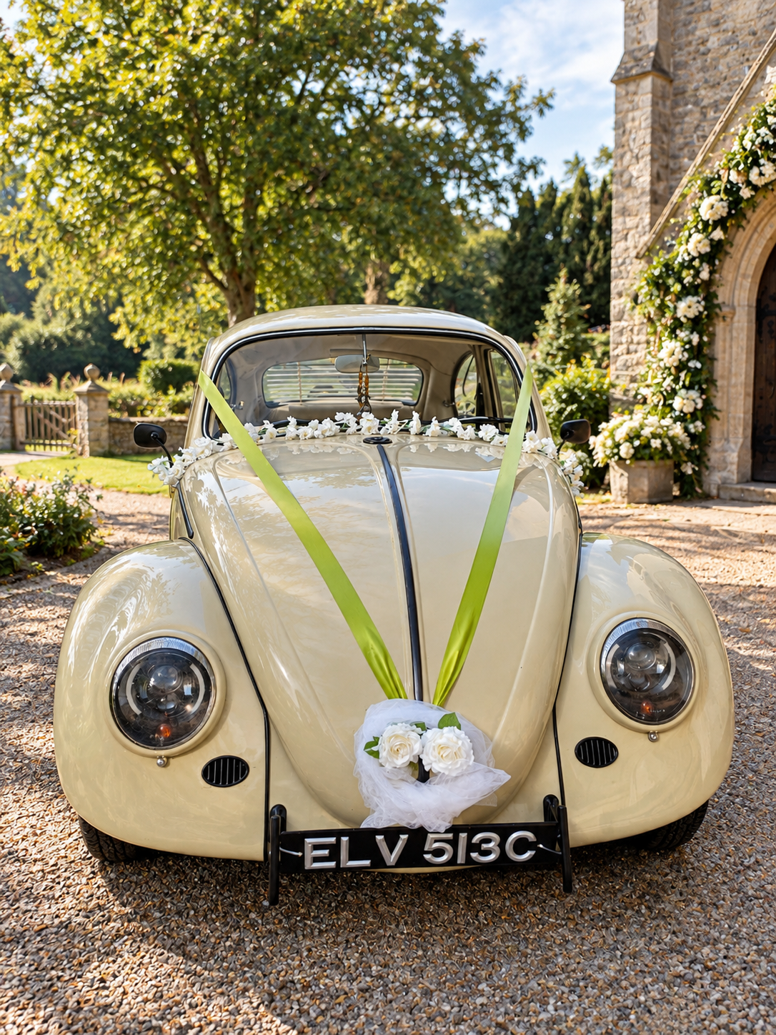 Front of Elvis, our cream vintage VW Beetle wedding car, dressed with flowers outside a church