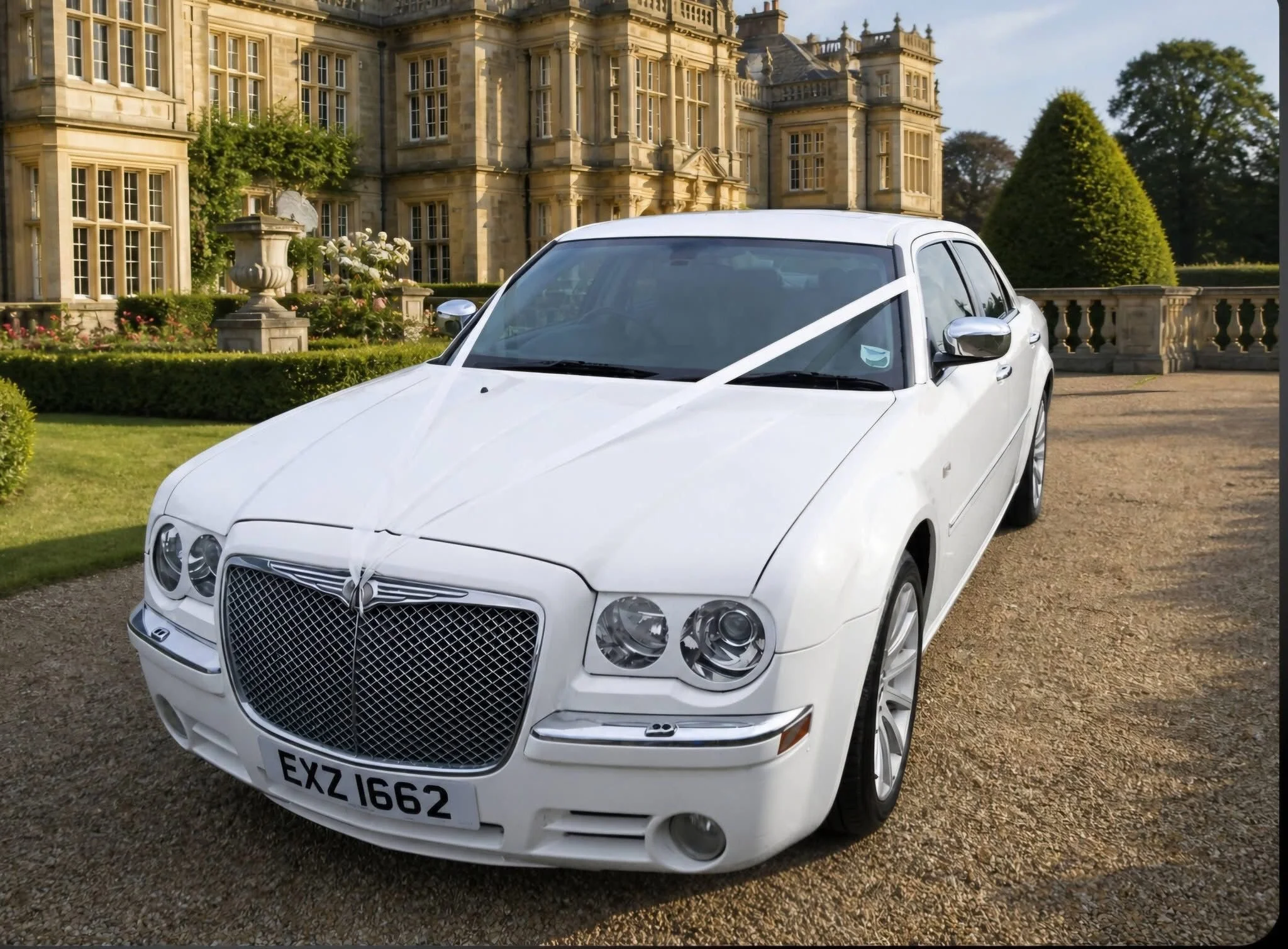 White luxury sedan parked on gravel driveway in front of an elegant historic mansion with large windows, stone architecture, and well-manicured greenery, including topiary and flower beds.