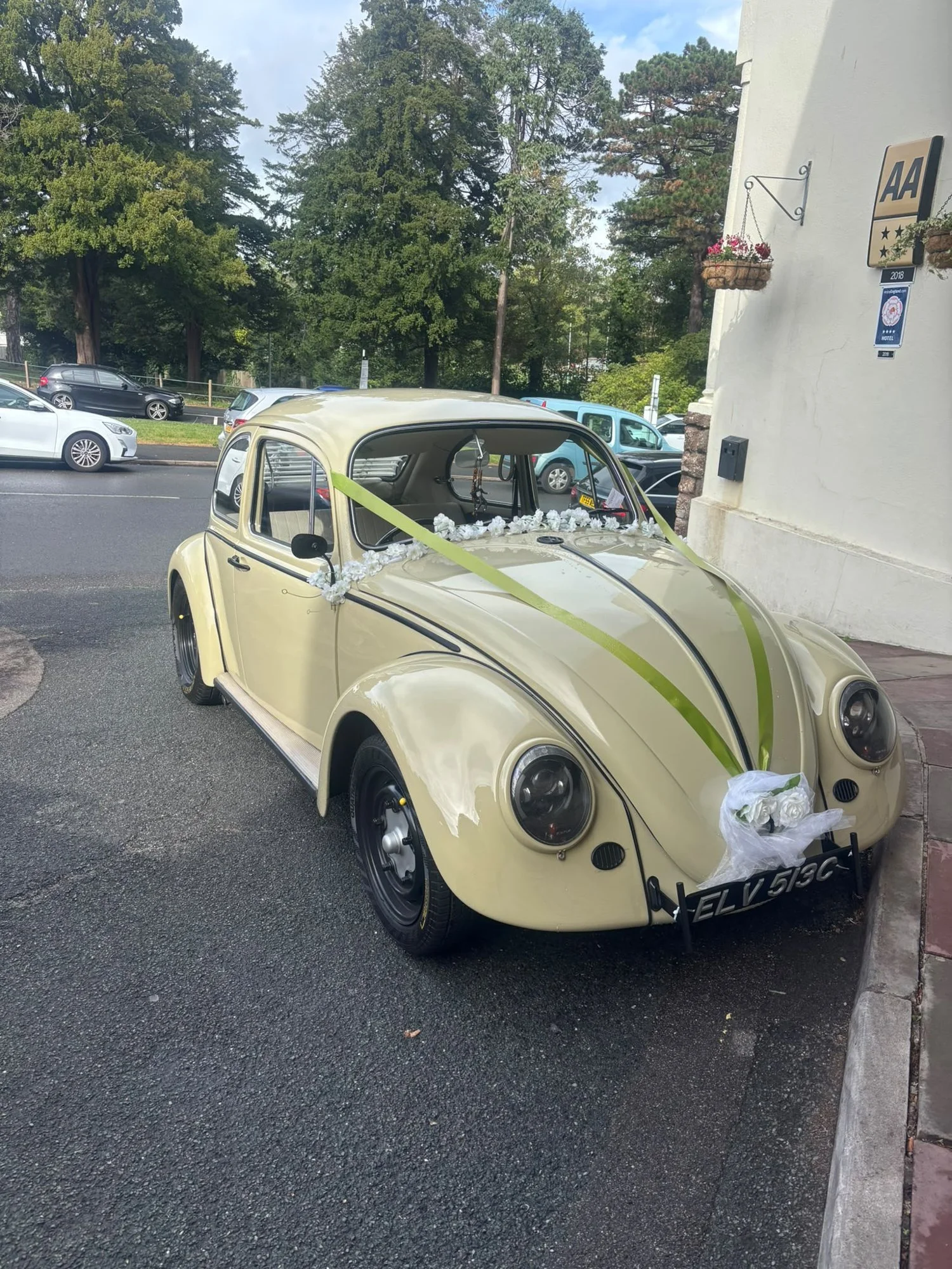 Elvis the cream VW Beetle wedding car with green ribbons outside a Devon hotel