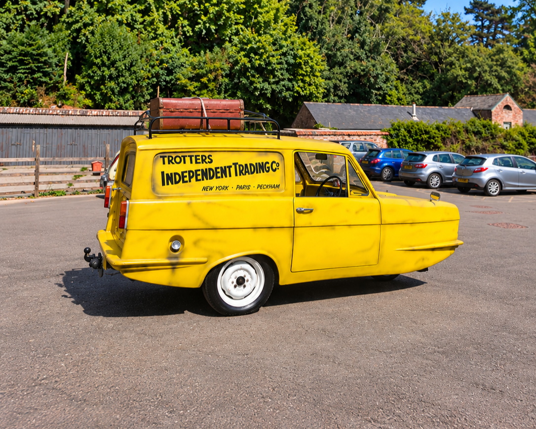 Yellow Reliant Regal Trotters Independent Trading van from Only Fools and Horses, available for hire in Devon