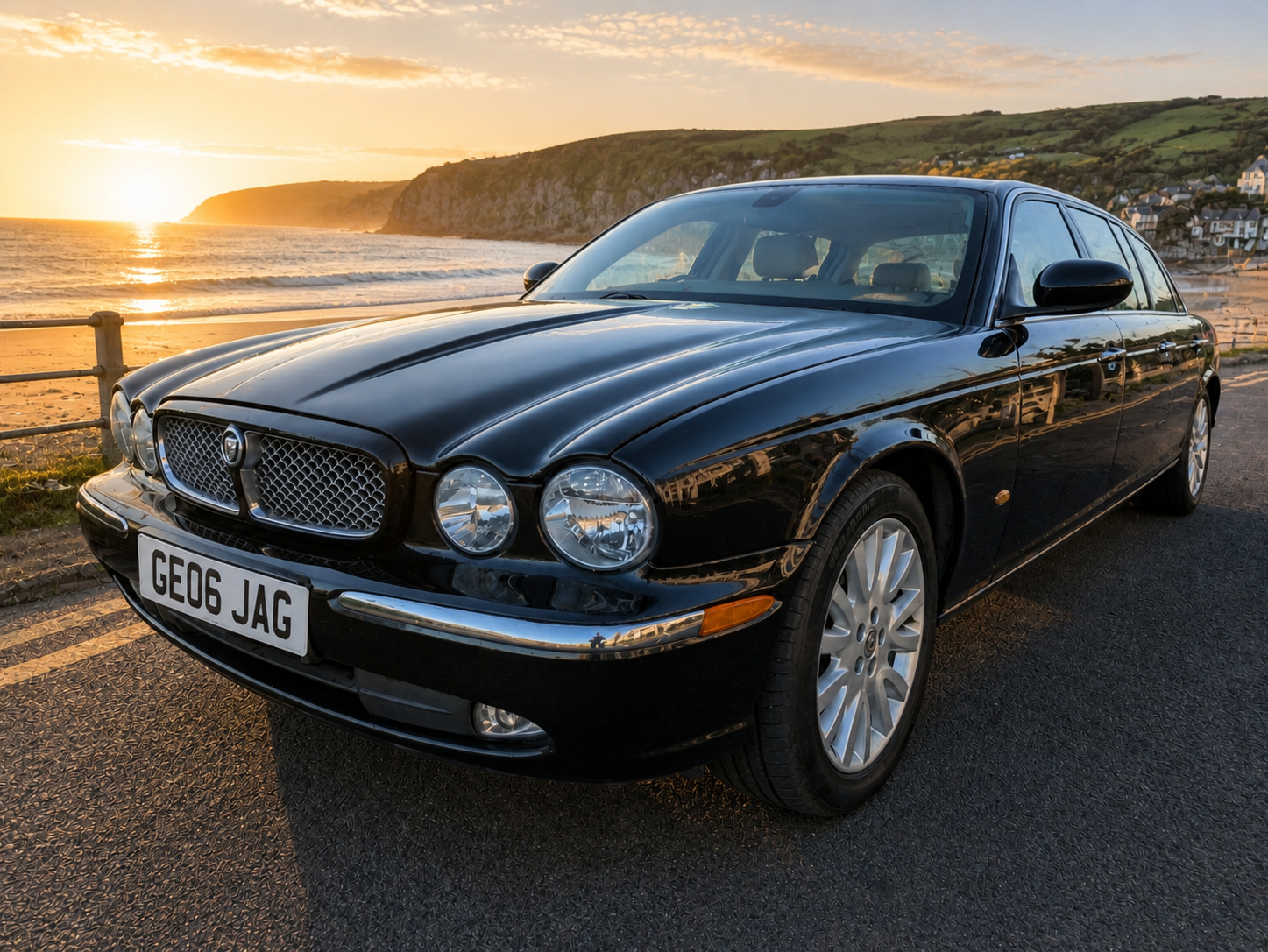 Black Jaguar XJ car by the coast at sunset