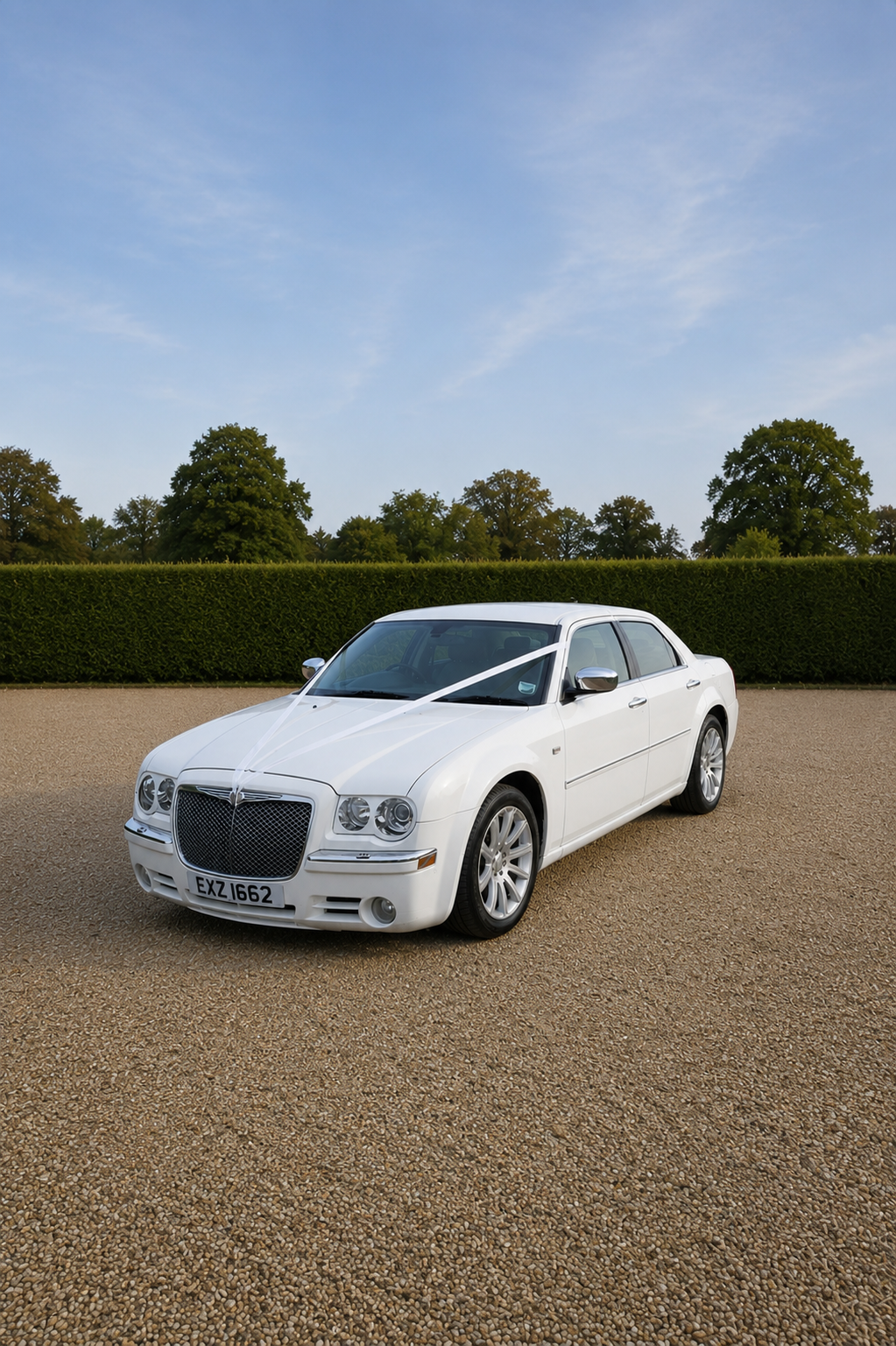 White Chrysler 300 Baby Bentley with ribbons on a gravel drive
