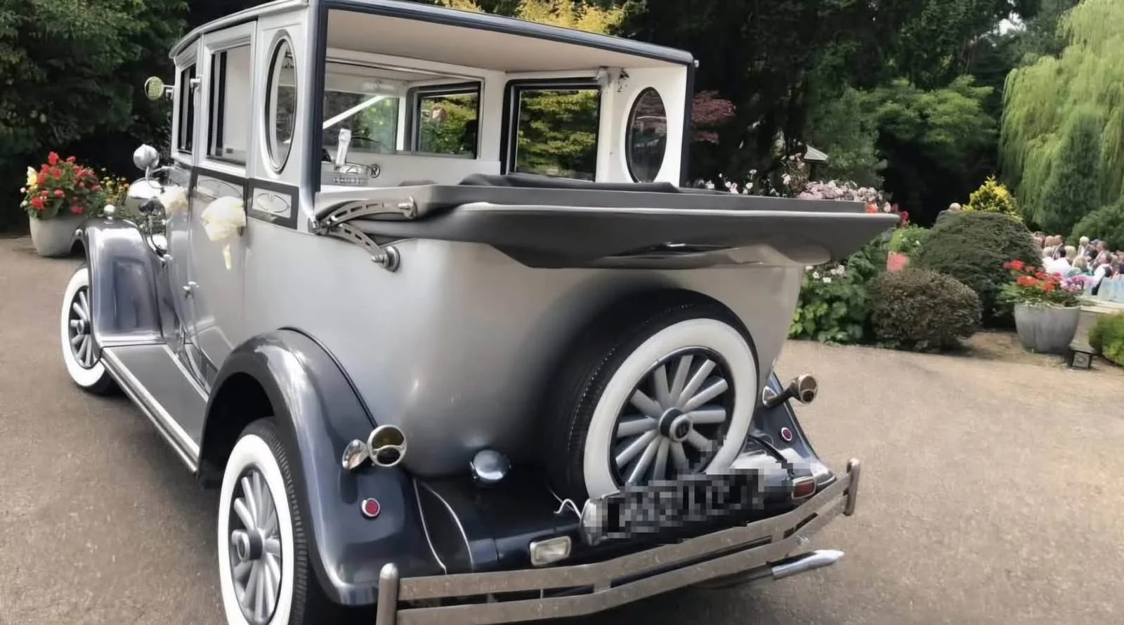 Rear view of the silver Imperial vintage wedding car with white-wall spare wheel