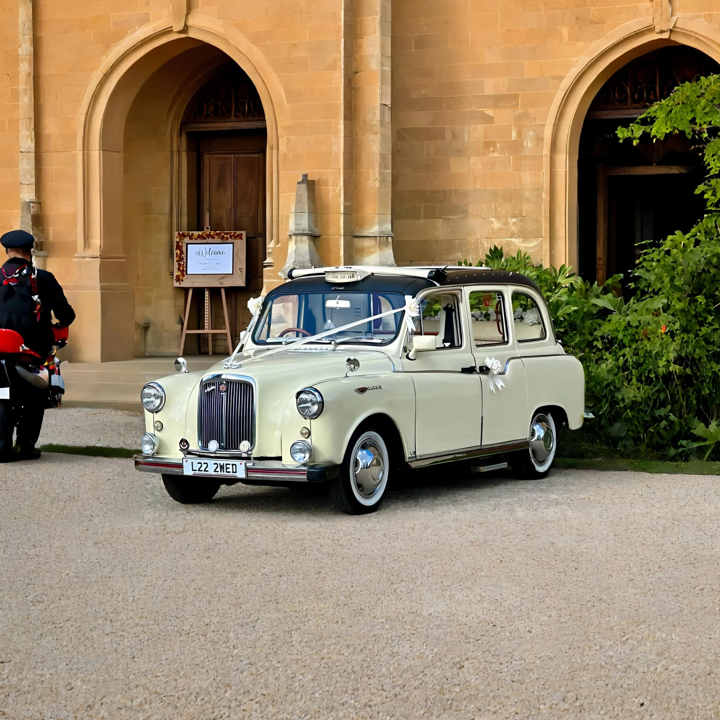 Churchill, our cream London wedding cab, outside a stone venue in Devon