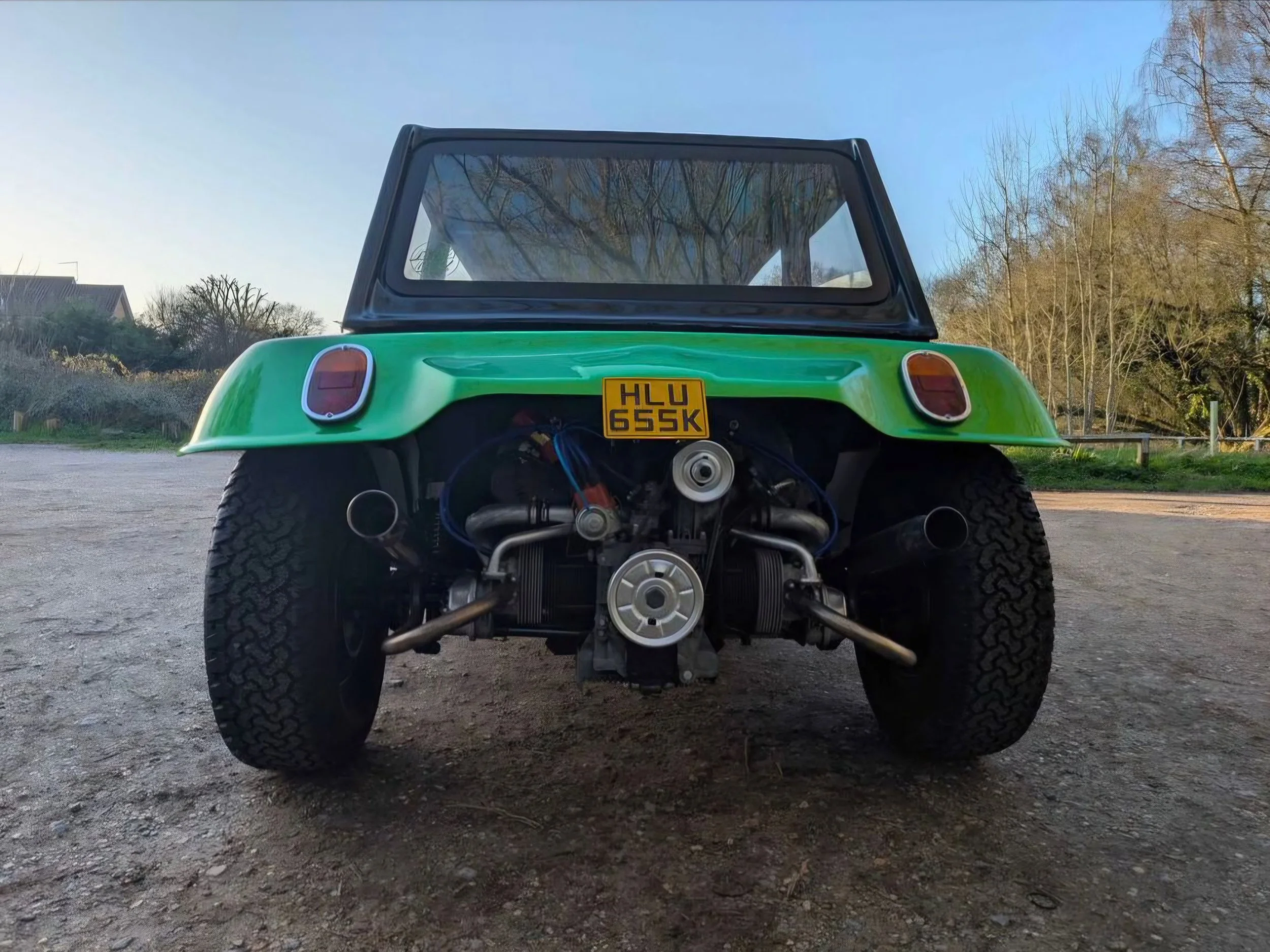 Rear view of The Hulk, our green VW beach buggy