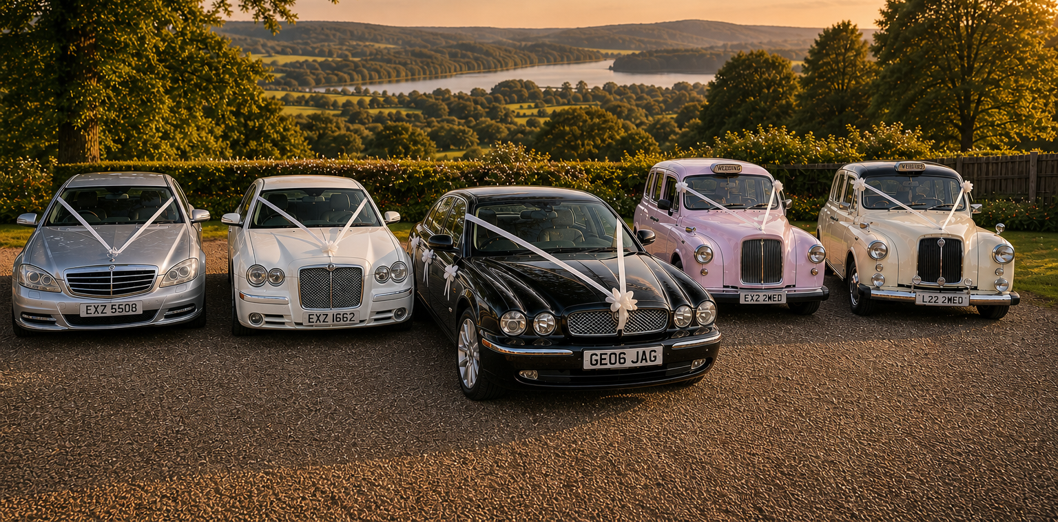 Cabs & Confetti wedding car fleet at sunset in Devon